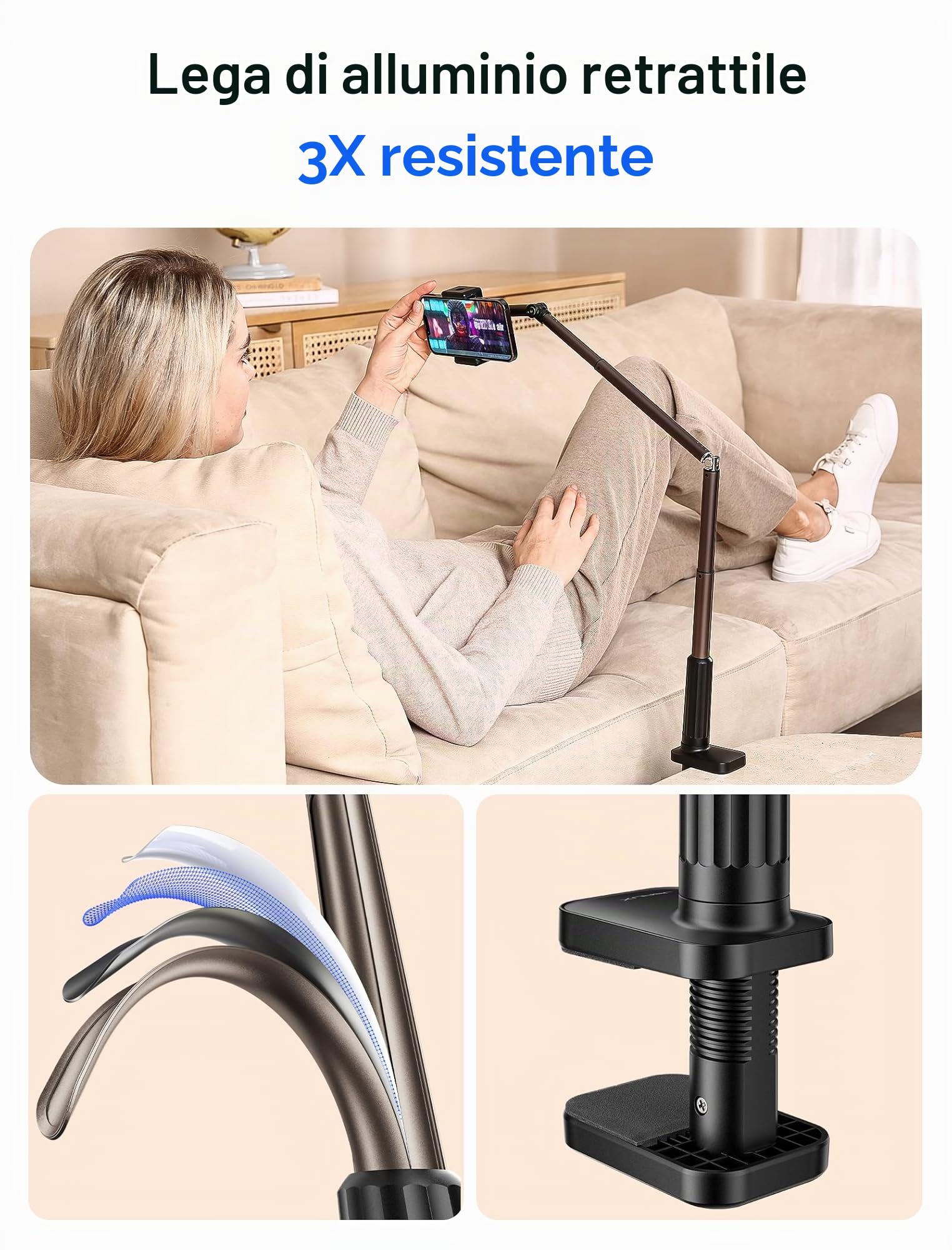 JSAUX Supporto per telefono per scrivania e letto, supporto flessibile per telefono universale 360 pigro lungo braccio morsetto clip supporto per telefono per tavolo comodino compatibile con iPhone 14