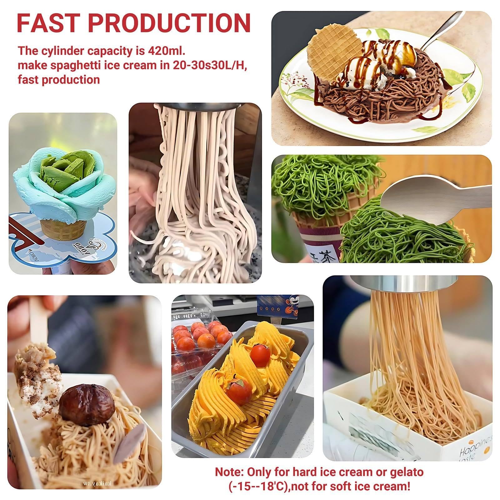 Soft Serve Ice Cream Maker 28–30L/H, 4 austauschbare Spitzen für Spaghetti, Bänder, Heimpartys, kleine Unternehmen