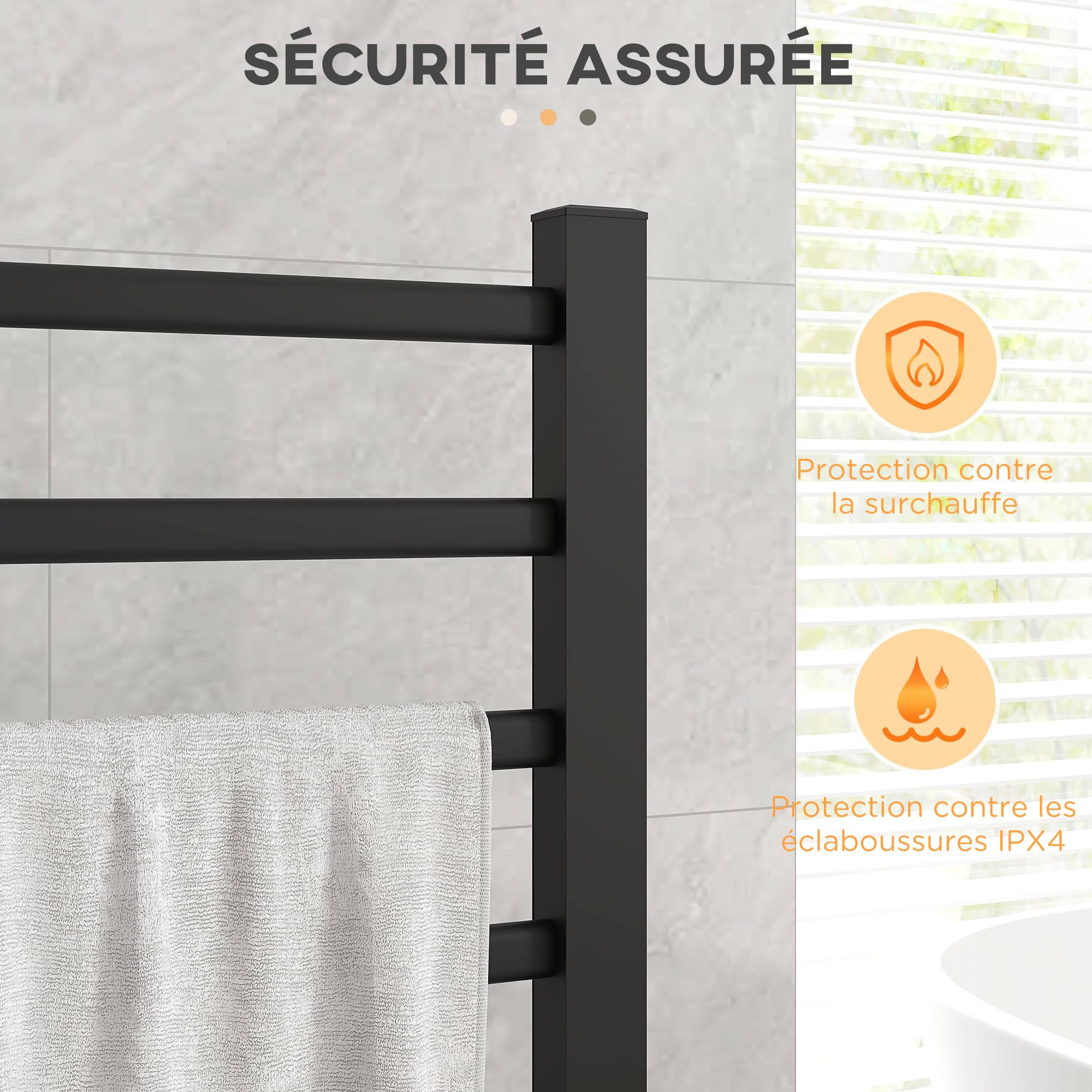 HOMCOM Sèche Serviettes électrique, radiateur Porte-Serviettes, Mural ou sur Pied, en Alliage d'aluminium avec 8 Barres, minuterie 2 ou 4 Heures, résistant à l'eau, 150W, 53 x 35 x 90 cm, Noir