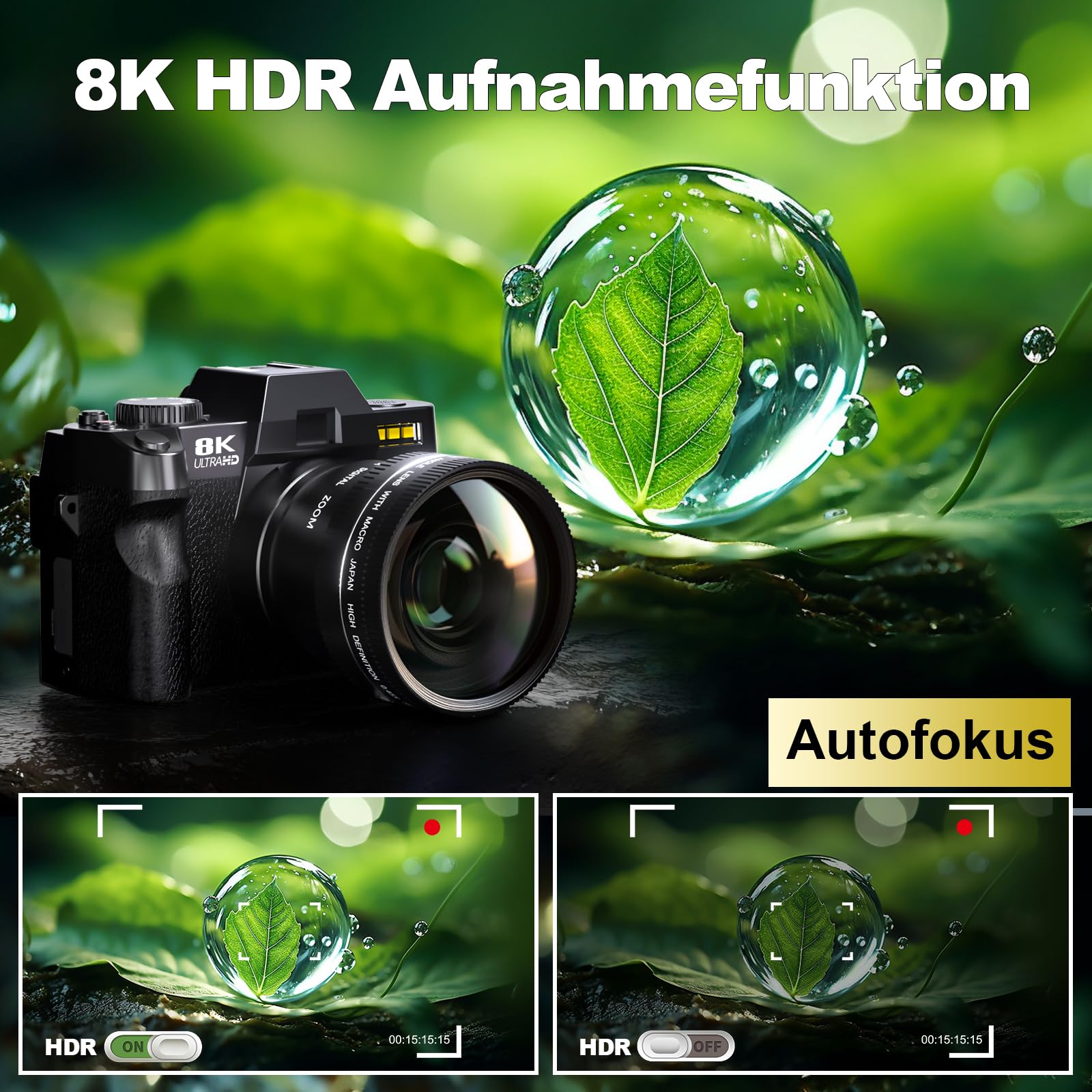 8K & 64 MP Digitalkamera für Foto & Video – 16-facher Zoom, WLAN, 180° Flip-Display, Autofokus, Bildstabilisierung, Weitwinkel & Makroobjektiv, Webcam-Funktion, inkl. PU-Ledertasche (Schwarz)