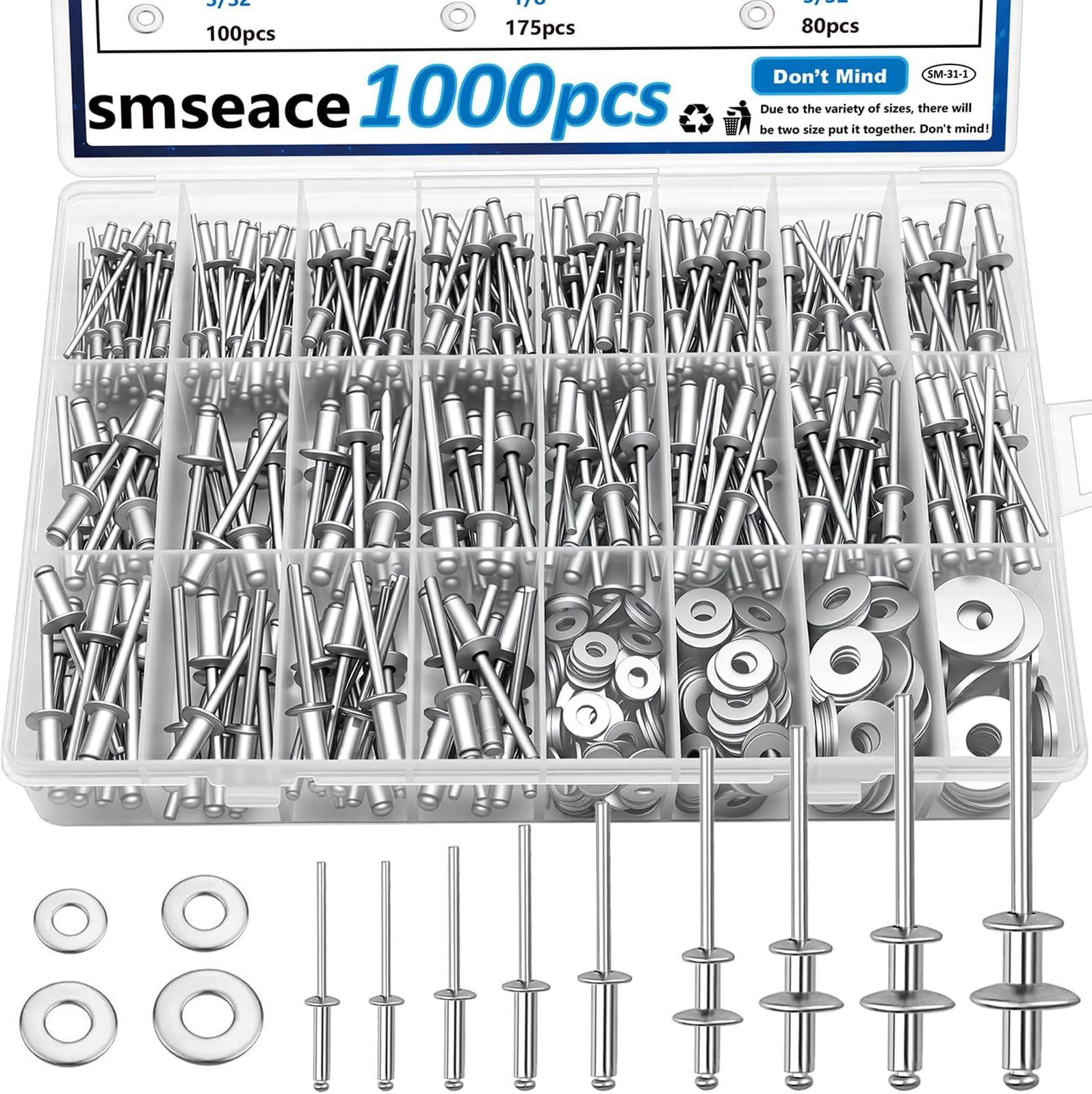 smseace 1000Pcs Pop Rivets with Washers Assortment Kit-14-Sizes SAE Rivets for Metal 3/32,1/8,5/32,3/16,1/4Inch 5-Sizes 304 Stainless Steel Washers for Metal, Furniture, Automotive, Instruments