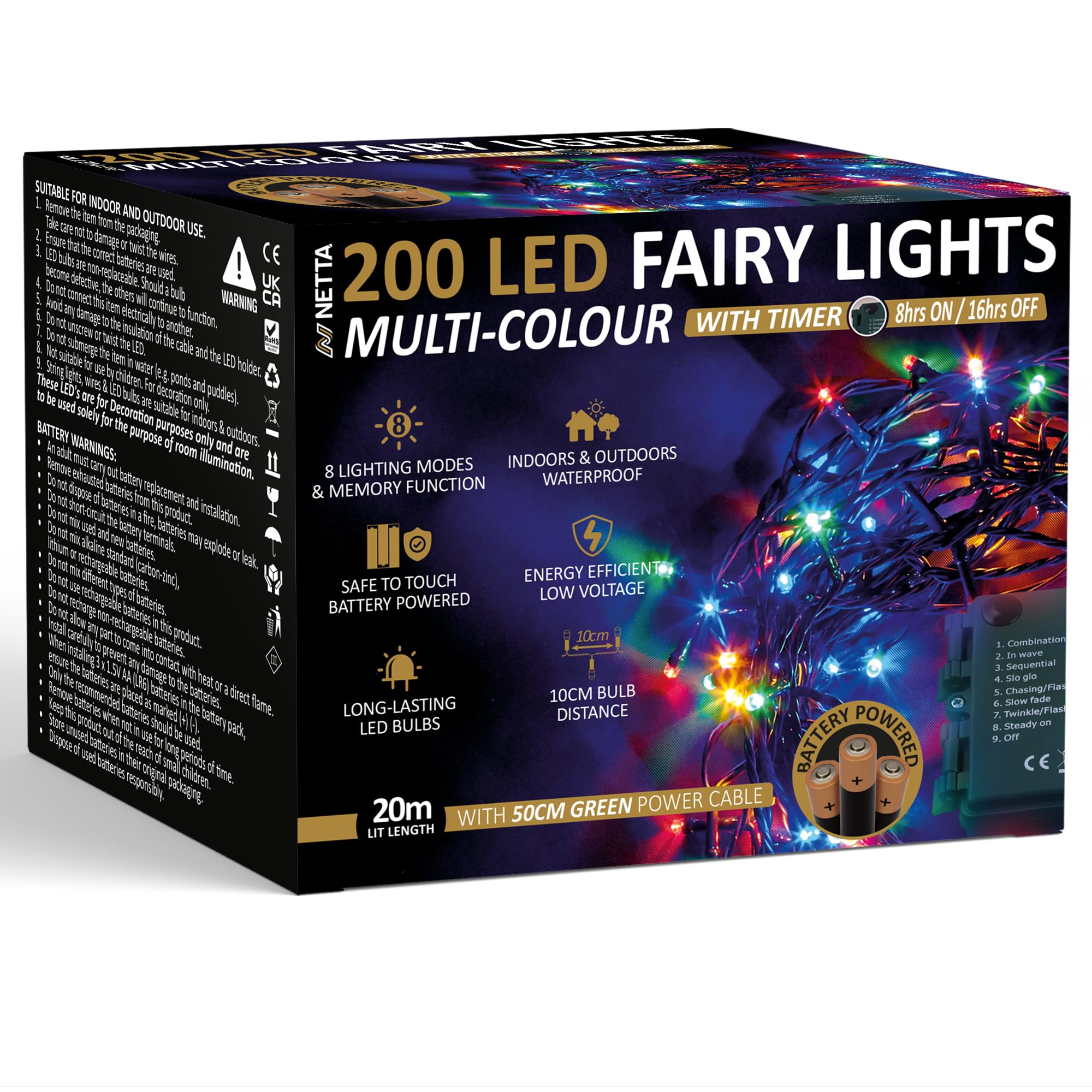 Netta Multi-Colour Battery Operated 200 Led 20M Christmas Tree Fairy Lights With Timer - 8 Different Mode String Lights For Outdoor & Indoor Use - Multi Coloured