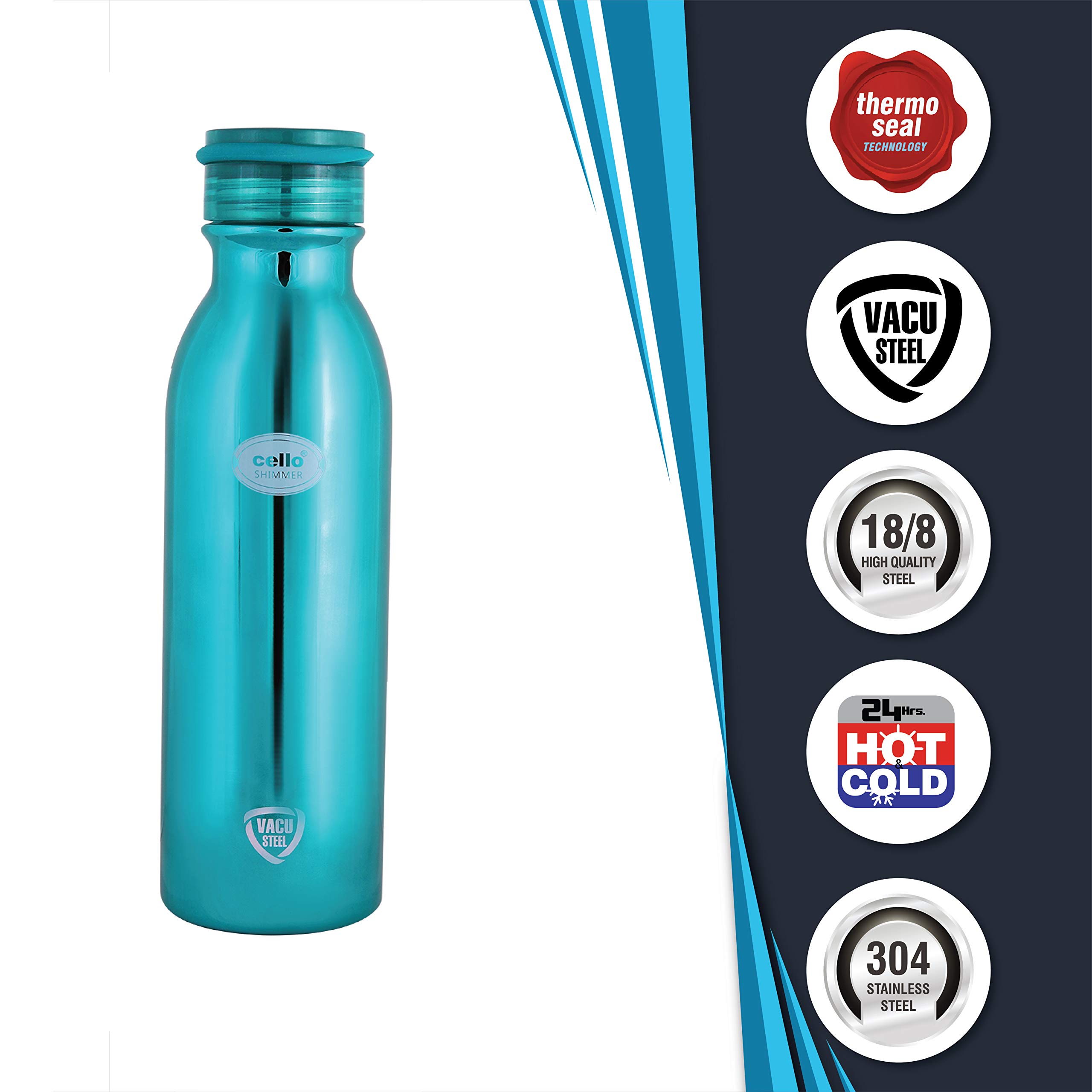 Cello Shimmer Stainless Steel Double Walled Water Bottle | Hot & Cold Water Flask | 600ml | 1 Unit | Blue - Image 3 thumbnail
