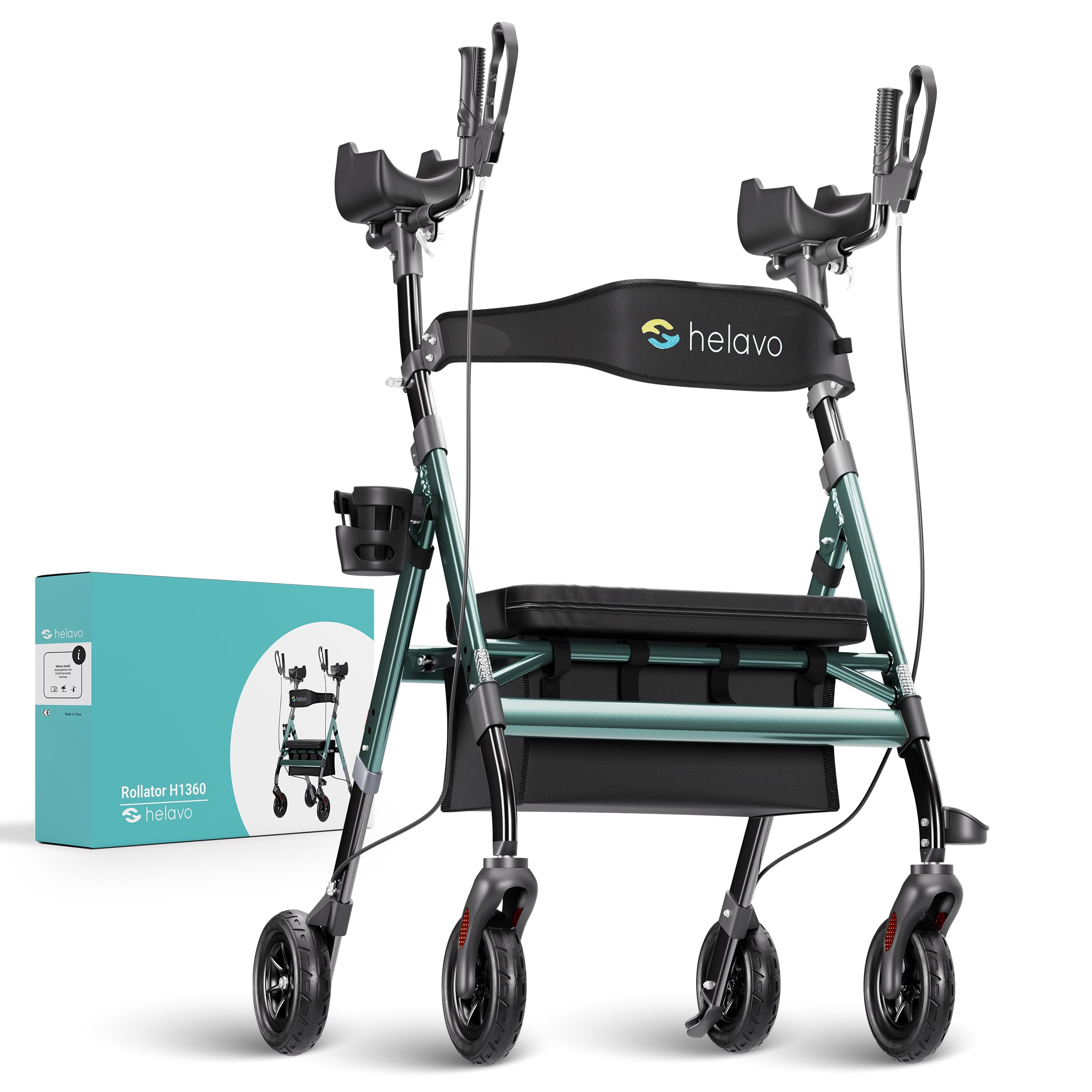Helavo Deambulatore Antibrachiale Bariatrico per Anziani con Ruote 8" Antiforatura - Deambulatore Alto con Seduta Larga Pieghevole - Rollator Extra Large con Appoggio Avambracci - Portata 226 kg H1360