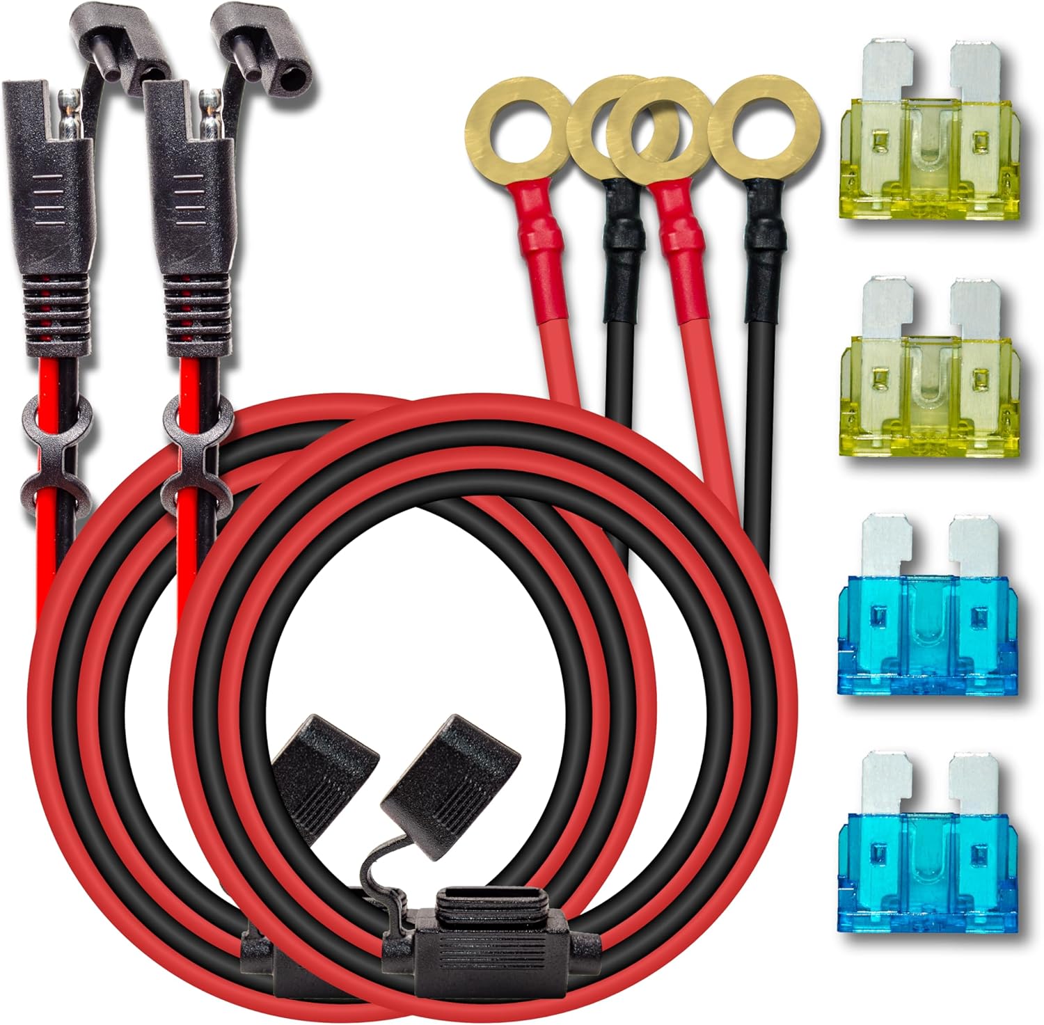 2PCS 10AWG 6FT Charger Cable, SAE to O Ring Terminal Quick Disconnect Harness, 2 Pin SAE Connectors Extension Cables Cord with 15& 20A Fuse for Car, Motorcycle, Solar Panel