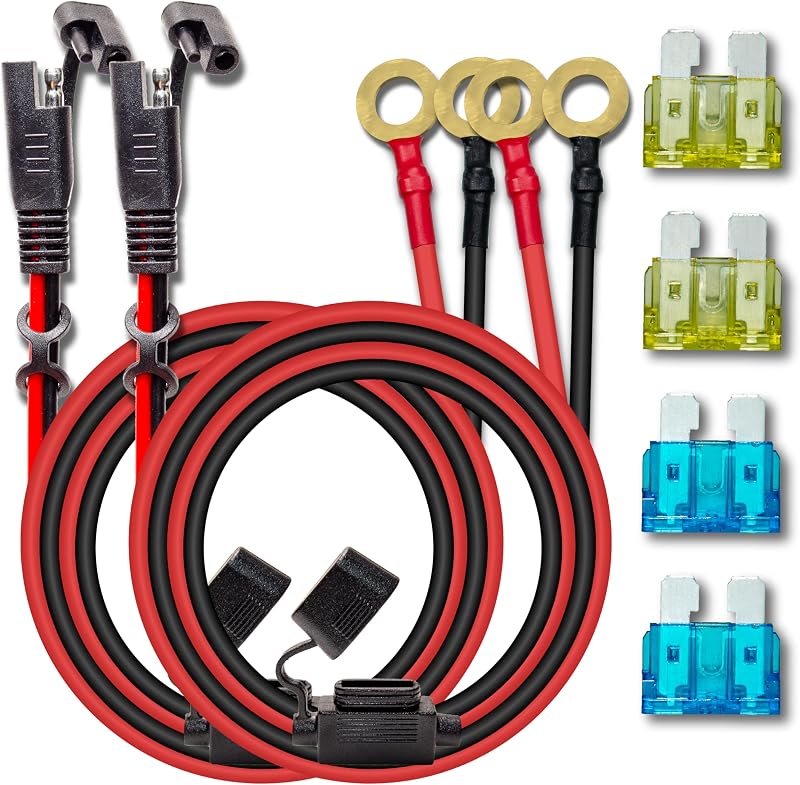 BFXM 2 cables de extensión de conector SAE de 10 AWG y 6 pies con fusible de 15 y 20 A | Arnés de desconexión rápida del terminal SAE de 2 pines a junta tórica para automóvil, motocicleta, panel solar