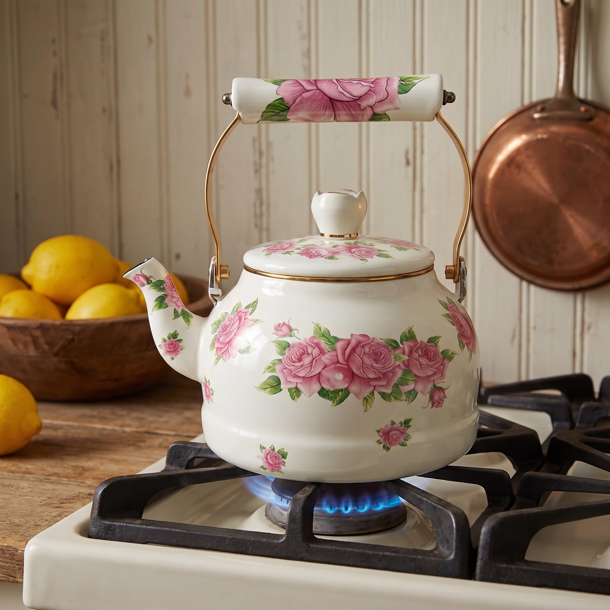 SOLUSTRE Czajnik emaliowany Farmhouse, dzbanek na wodę w stylu vintage z kwiatowym wzorem, przenośny czajnik 2,7 l w stylu retro do parzenia herbaty ziołowej i kawy, do kuchenki indukcyjnej jako