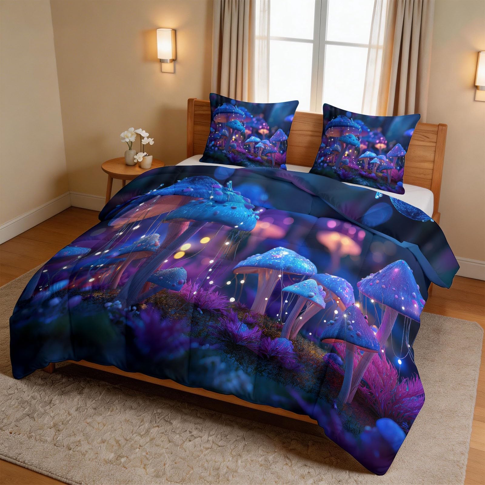 Kołdra 4 pory roku 220 x 240 cm, fantastyczna kołdra leśna na łóżko dla 2 osób, roślina grzybkowa fluorescencyjna niebieska dwustronna kołdra bez rękawów, lekka kołdra z 2 poszewkami na poduszki