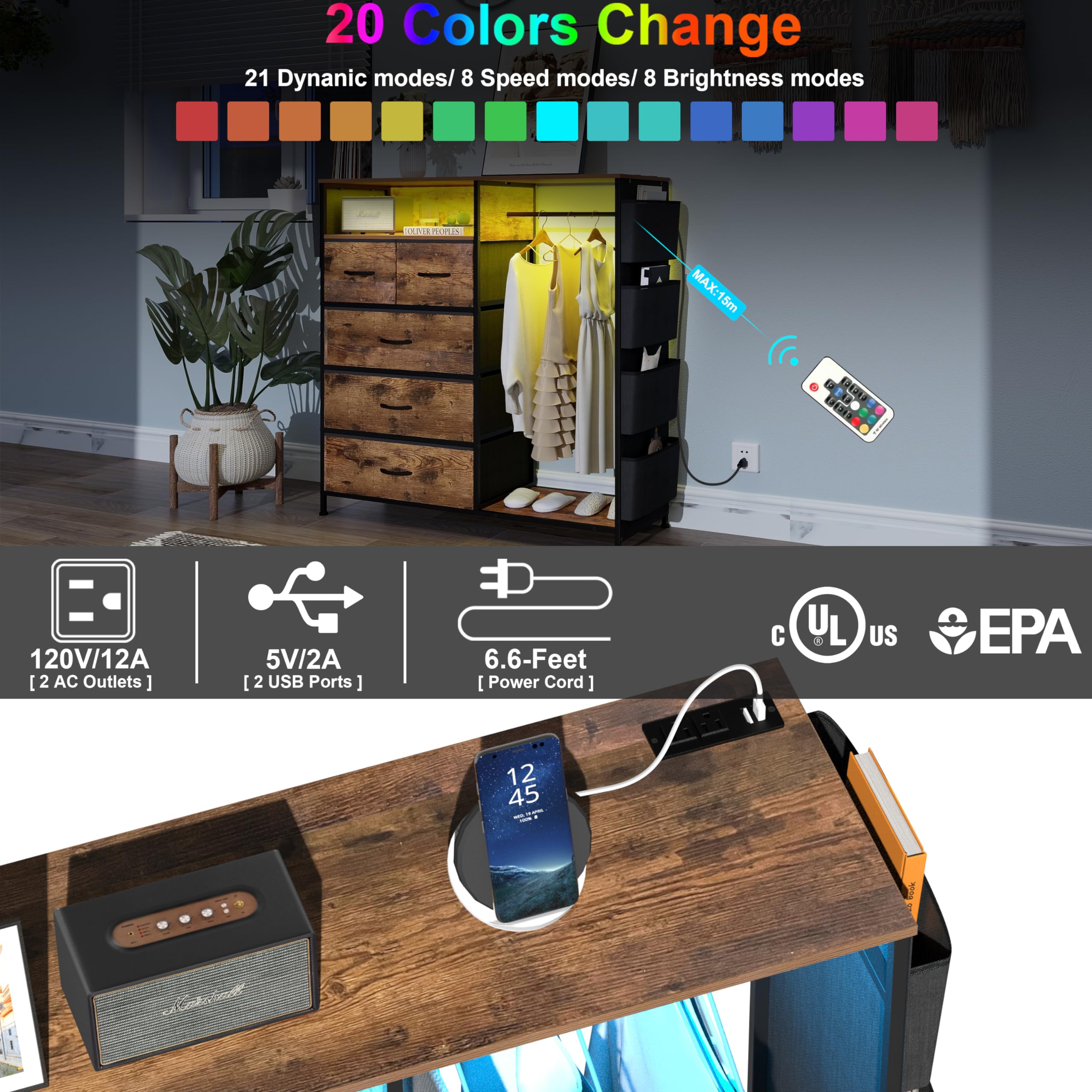 Cómoda para dormitorio con perchero, bolsillos laterales, cómoda de 5 cajones con estación de carga, luces LED, cómoda de almacenamiento negra para pasillo, armario, marco de acero 4