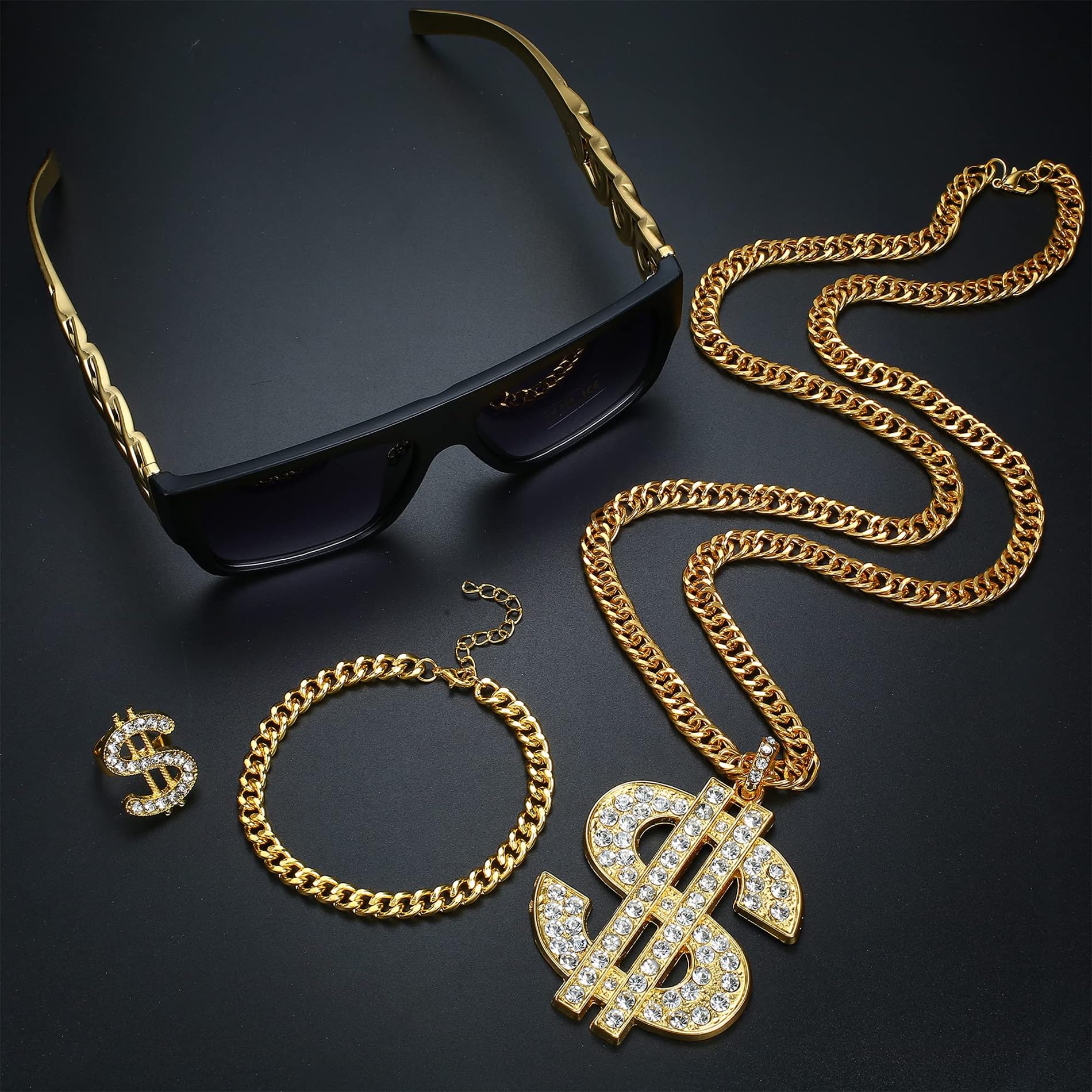 CASSIECA 80s/90s Hip Hop Disfraz Kit para Hombres Mujeres Collar de Cadena de Metal Pulsera Gafas de sol Anillo de Signo de dólar Punk Hip Hop Rapero Bisutería