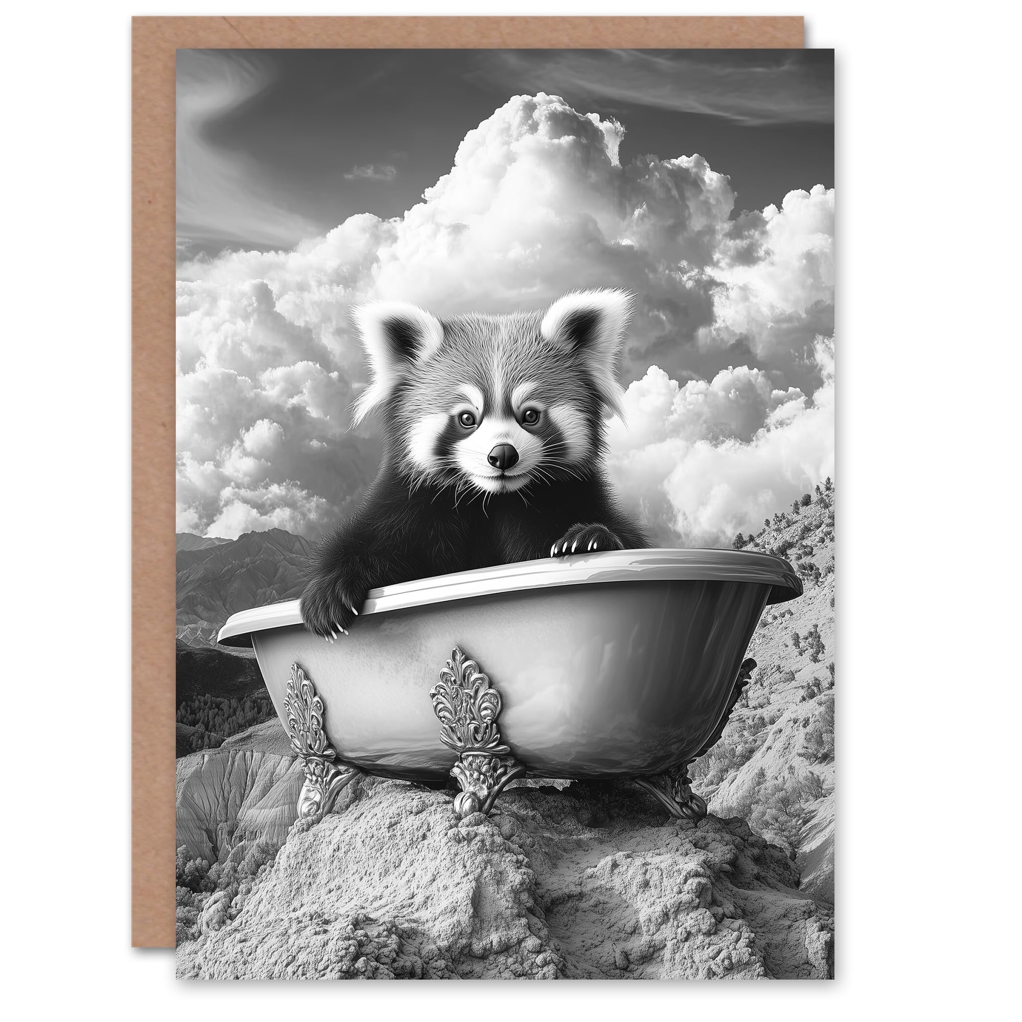 Artery8 Greeting Card Red Panda in Bathtub on Hill Black White Surreal Blank For Him Or Her Art Birthday Card