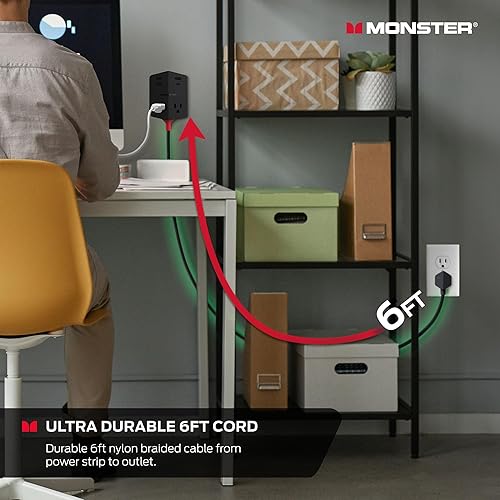 Miniatura 5 de Monster Power Shield Extensor de toma de corriente de pared magnético, enchufe de pared múltiple con 2 tomas de CA, 3 puertos USB-A y 1 puerto USB-C