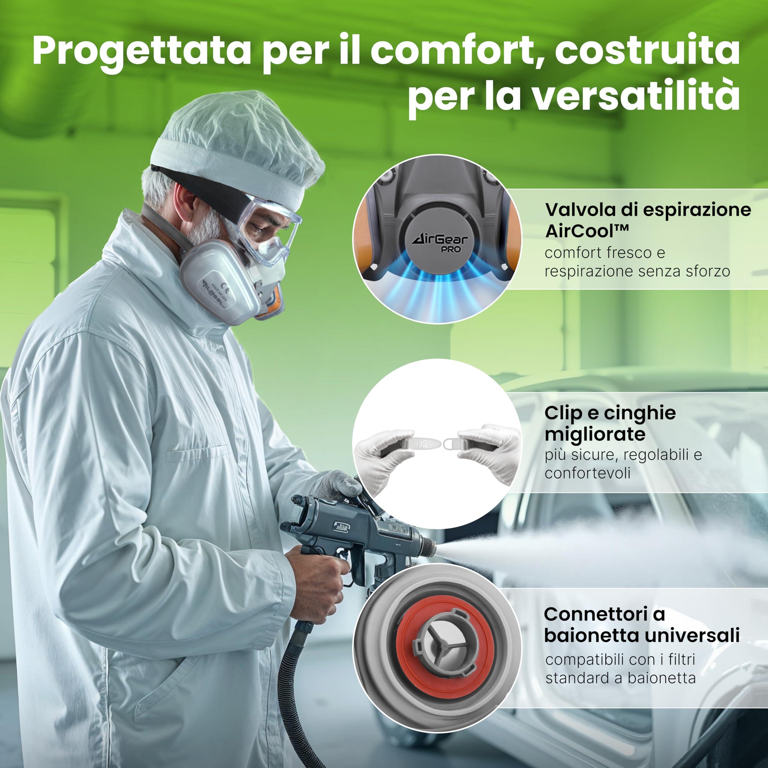AirGearPro G-500 Maschera di protezione respiratoria riutilizzabile, anti-polvere, anti-gas, con filtri e occhiali di protezione per pittura, lavoro, fai da te, levigatura