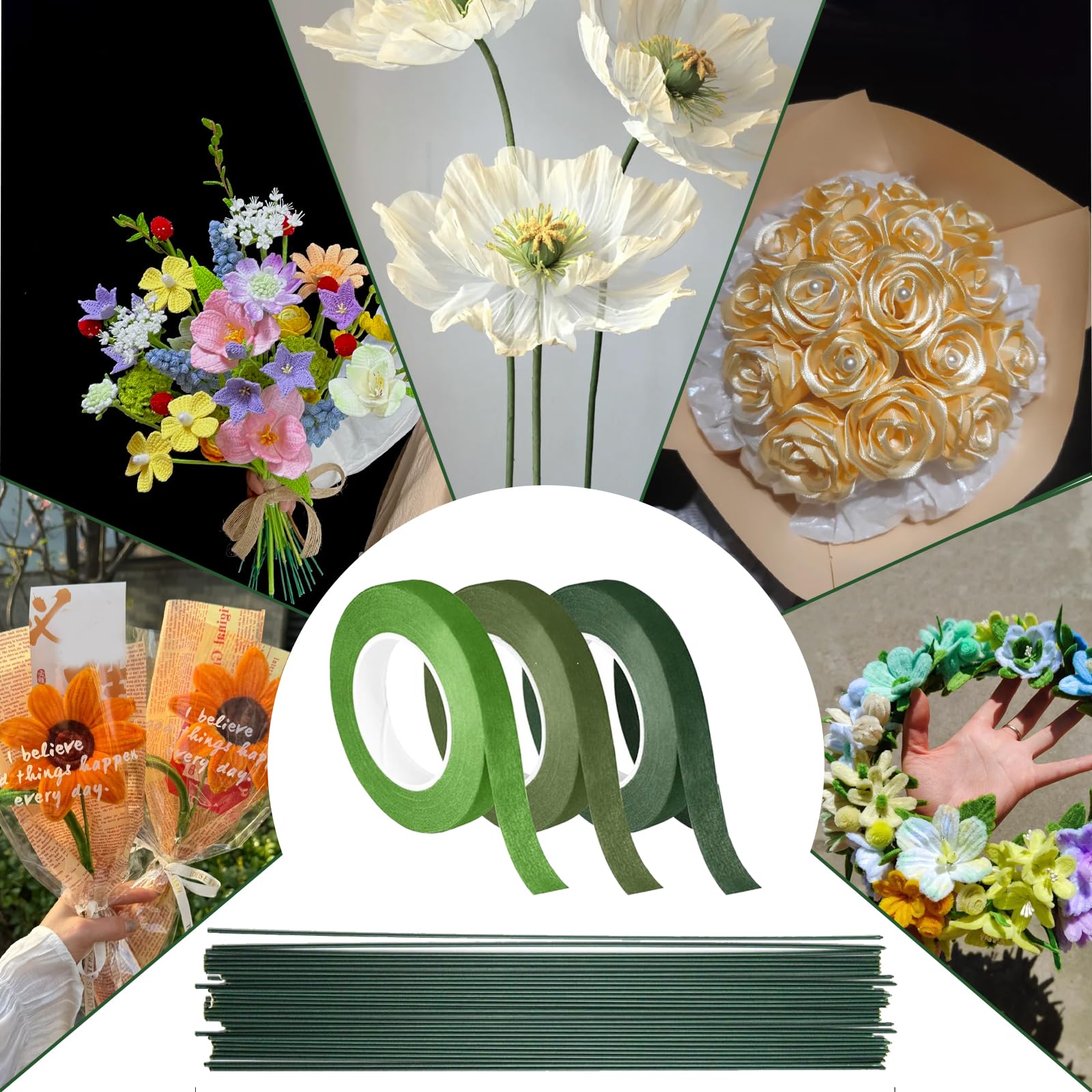 Ruban Fleuriste Floratape - 3 Rouleaux De 27m + 100 Tiges Vertes Artificielles | Idéal Bouquets, Décorations Et DIY