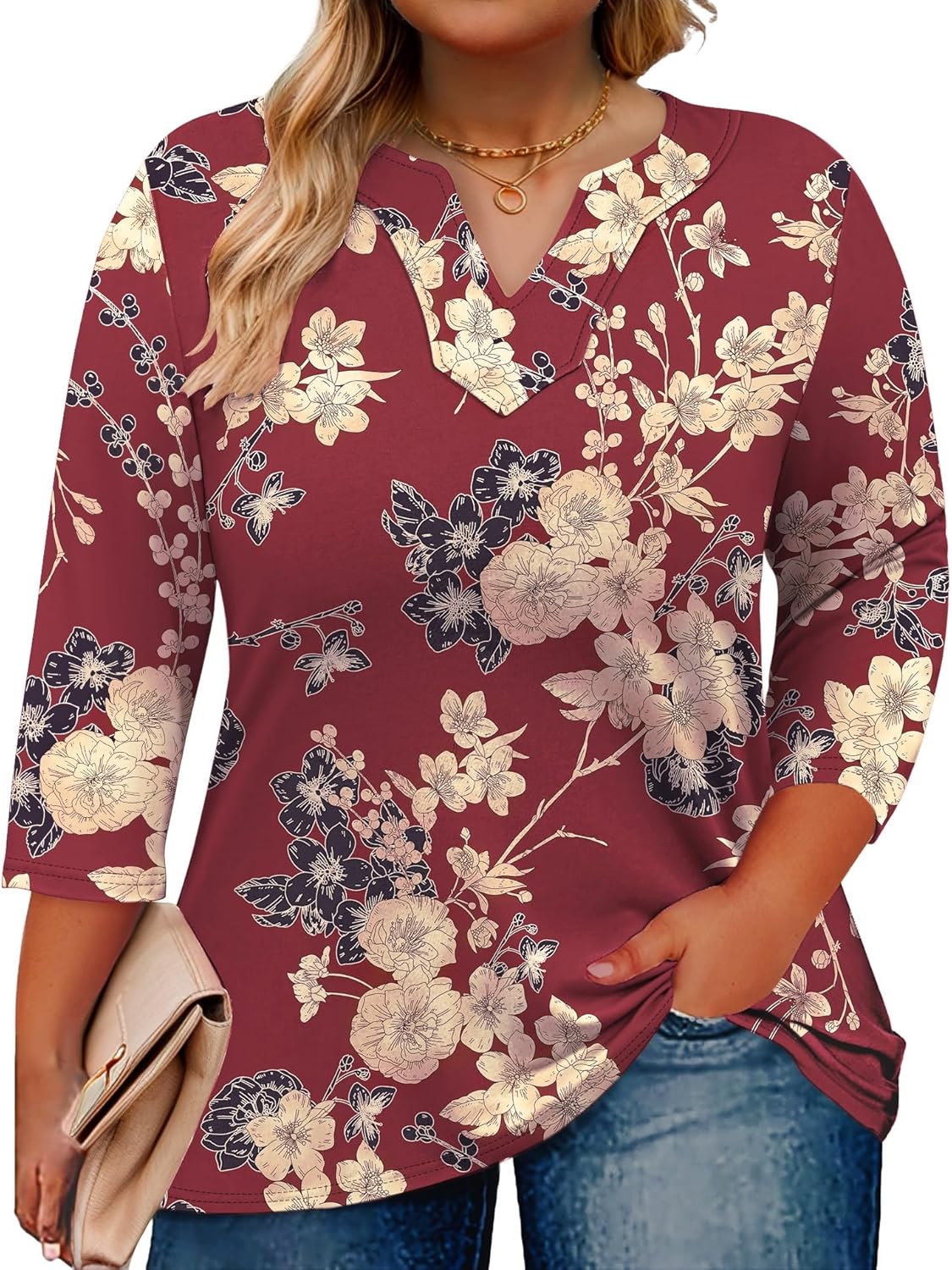 Romanstii Womens Plus Size Tops Casual 3/4 Sleeve V Neck T Shirt Loose Fit Tunic Blouse 1X-5X