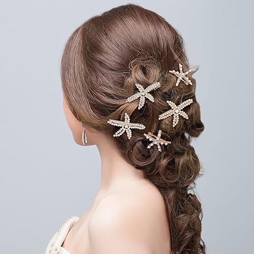 Miniatura 5 de PAGOW 4 pinzas para el cabello con estrellas de mar, pinzas de cristal con perlas de diamantes de imitación doradas, soporte para cola de caballo de