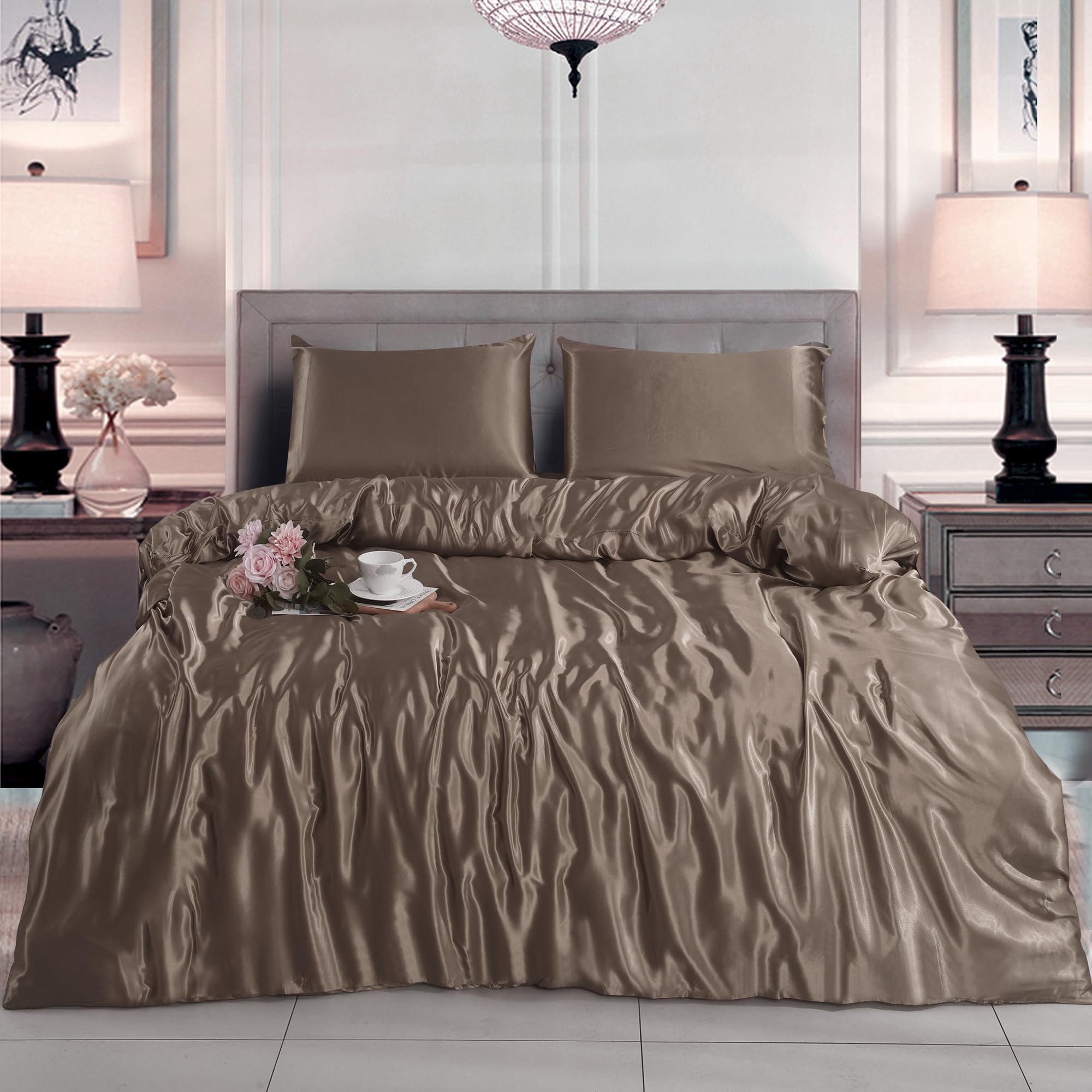 SAIMAZ Luxury Satin Duvet Cover Set with 2 Pillowcases – Silky Soft Bedding Set – Shiny Double Bed Linen – Wrinkle-Free & Elegant Bedroom Decor (MINK, Double)