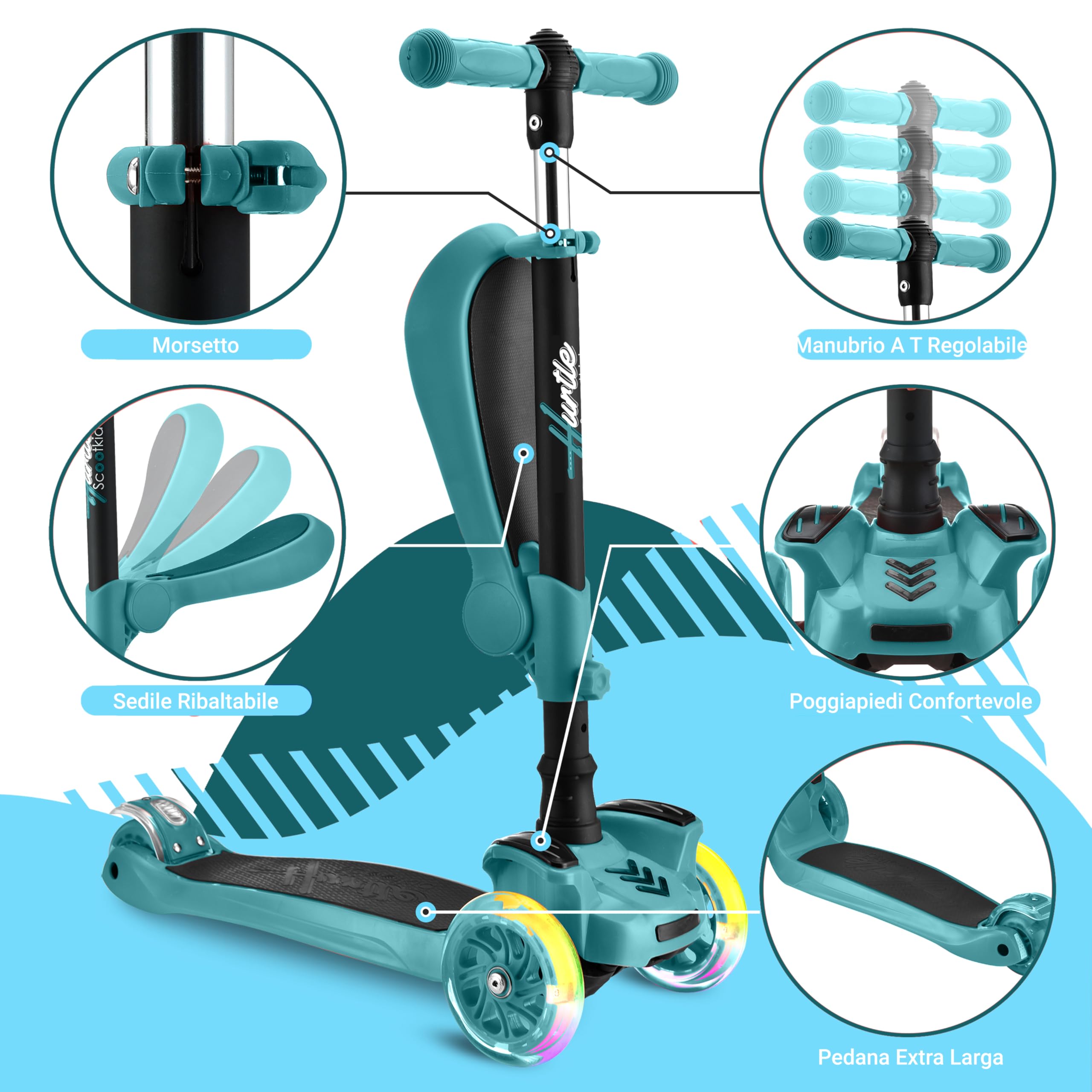 Hurtle Monopattino Bambino, Monopattino Bambina, Monopattino a 3 Ruote, Regolabile in Altezza con Sedile Pieghevole, Scooter per Bambini e Bambine con Ruote LED Multicolore, Dai 1 ai 14 Anni