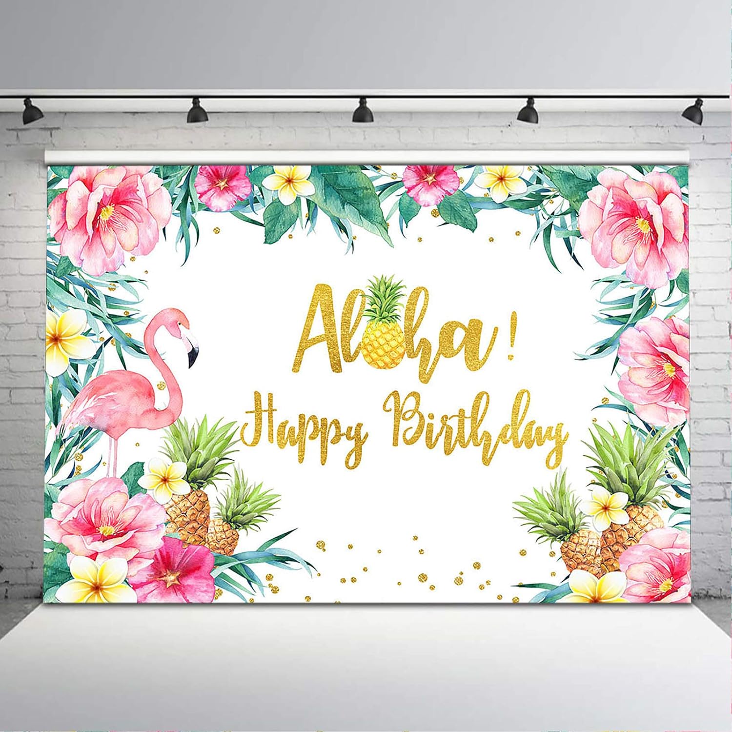 Avezano Tropical Flamingo Birthday Backdrop Aloha Happy Birthday Lauau Party Background Vinyl Summer Floral Pineapple Gold Dots Pink Flamingo Birthday Backdrops for Girls Kids (8x6)