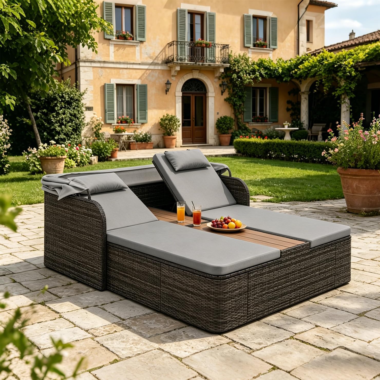LIFEZEAL Sonnenliege 2 Personen, Gartenliege mit Verstellbarer Rückenlehne & Sonnendach, Doppelliege aus Rattan mit Kissen & Kopfstützen, Gartenbett mit Tisch & Getränkehaltern für Garten (Grau)