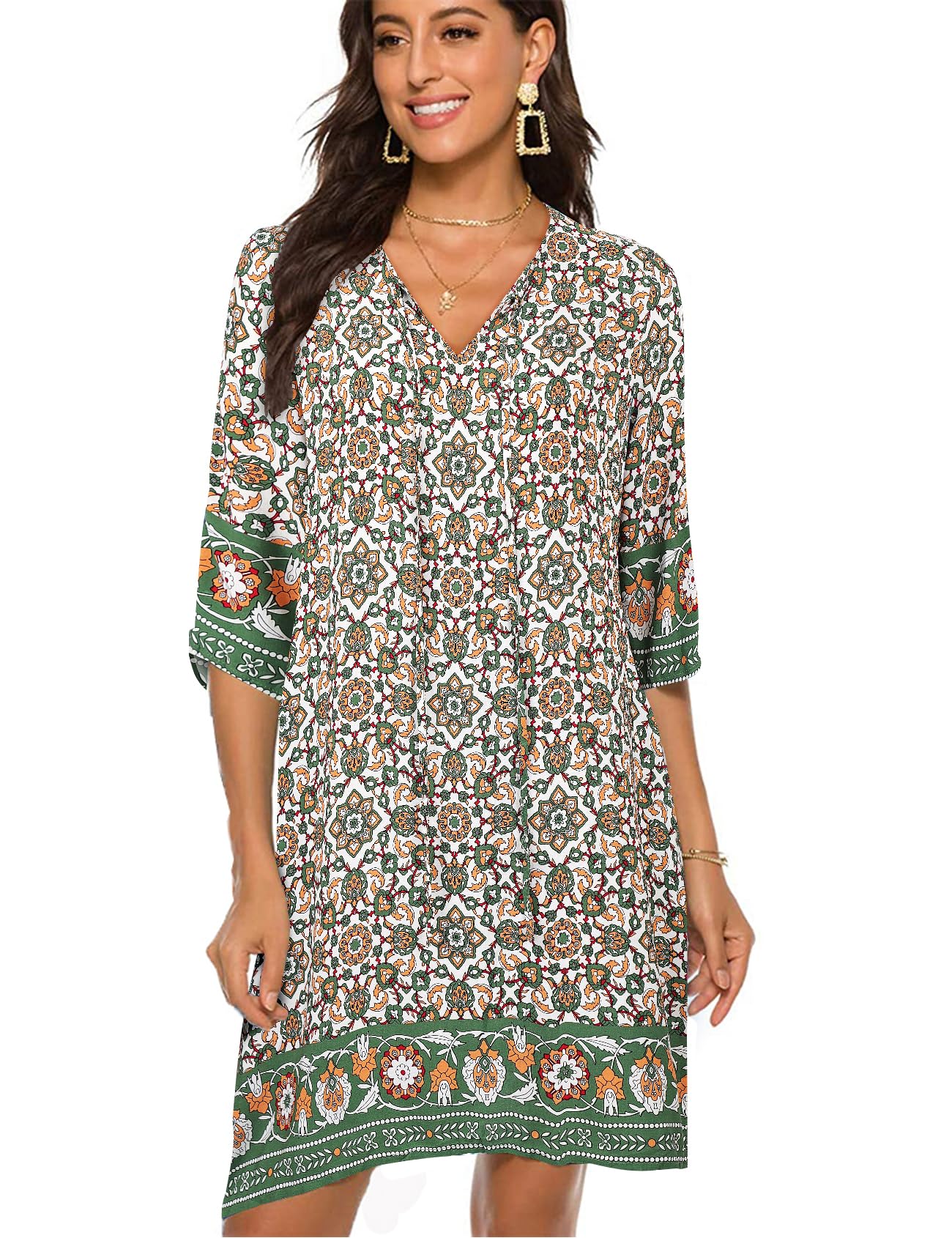 BDTECAOR Damen Vintage Ethnostil Blumenmuster Bohemian Tunika Kleid V-Ausschnitt 3/4 Arm Strandkleider Sommerkleider