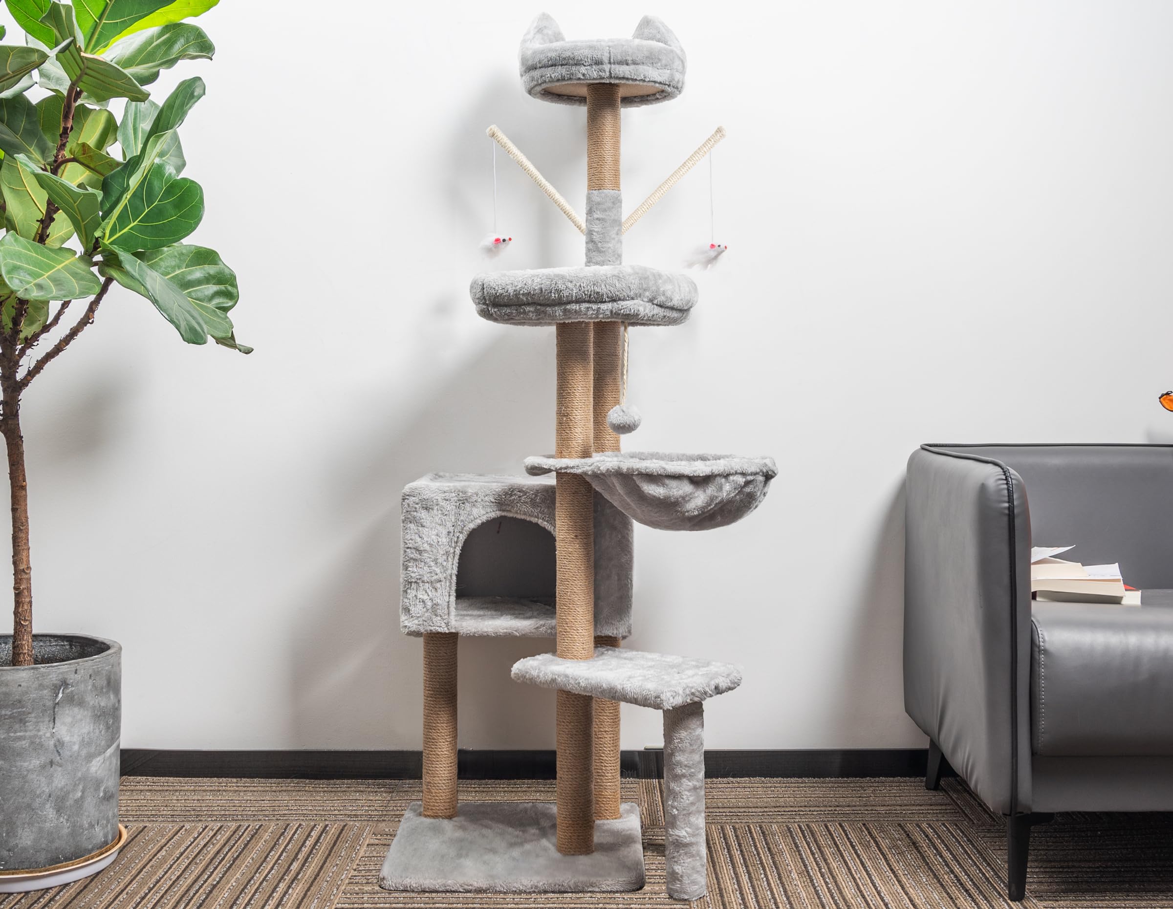 Tiragraffi per gatti, 145 cm, torre da arrampicata, tiragraffi per attività con colonne in sisal, giocattolo per gatti, grotta e piattaforme, per gatti e gattini, grigio