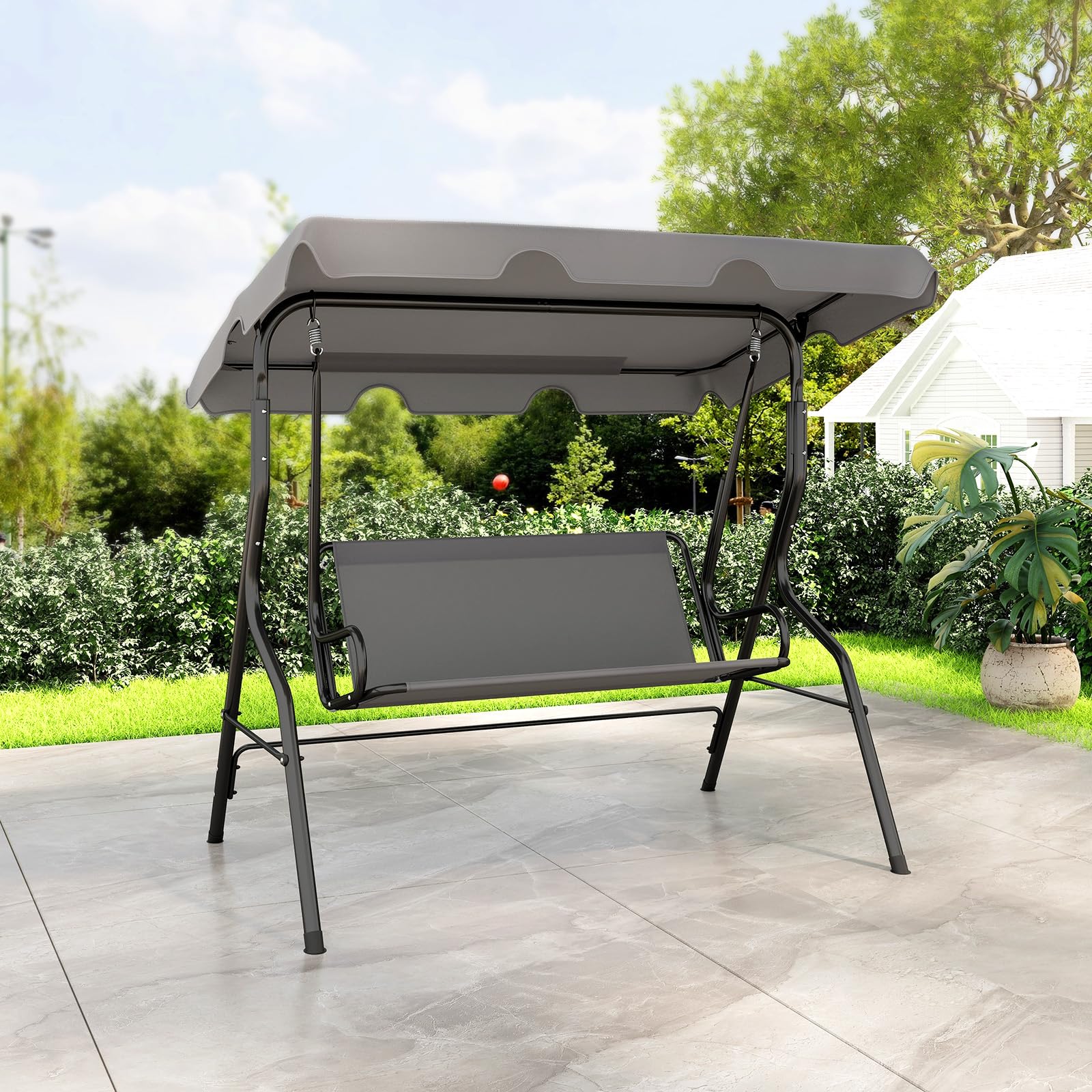 COSTWAY Dondolo da Giardino 3 Posti con Tettuccio Regolabile, Cuscino Removibile, Sedia Sospesso con Struttura in Metallo, Portata 225 kg, 172 x 110 x 154 cm (Grigio)