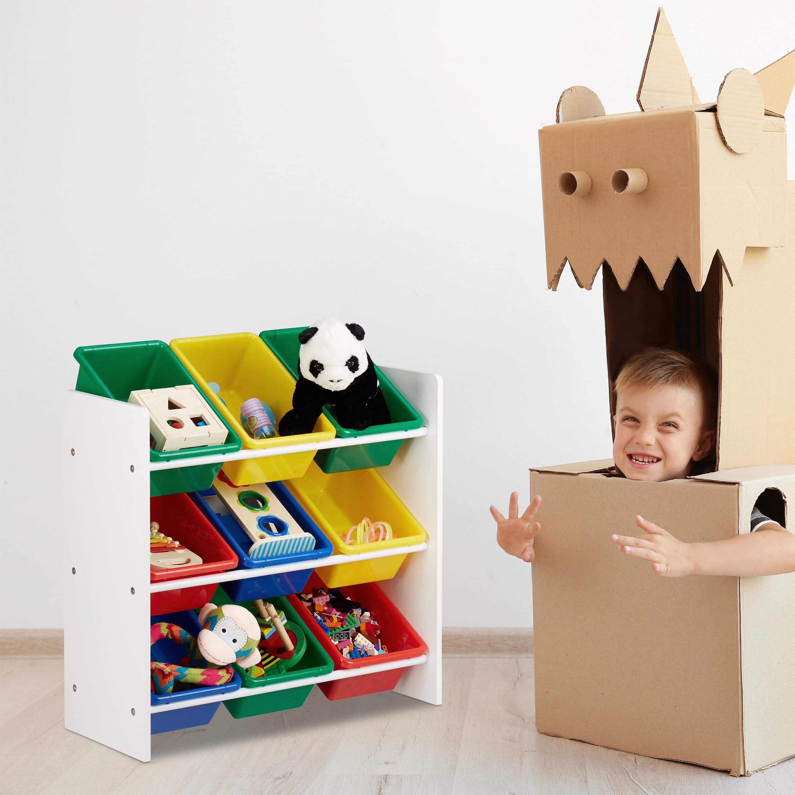 Relaxdays Estantería Infantil con Cajas, Almacenaje de Juguetes, Multi-Color, MDF & Plástico, 88x86x31 cm