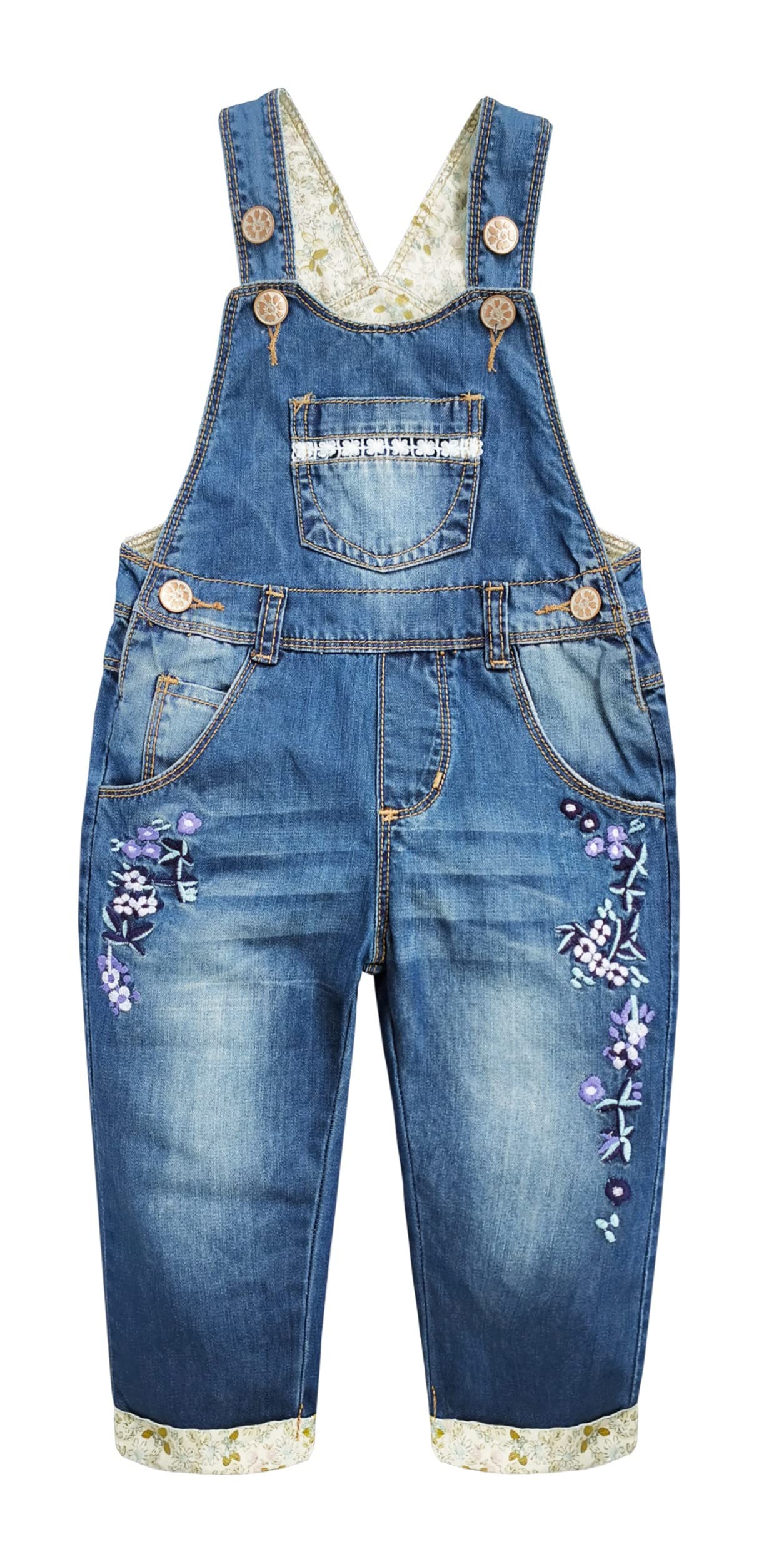 Kidscool Space Women's Blue-2192 Baby & Little Girls Flower Embroidered Washed Cotton Denim Overalls,Blue,3-4 Years