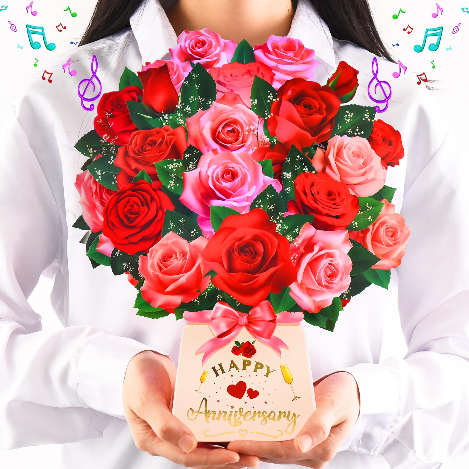 Pop Up Anniversary Card with Lights & Music, 12 Inch Paper Rose Bouquet Greeting Cards with Note Card & Envelop, Happy Anniversary Cards for Women, Popup Wedding Anniversary Card Gifts for Wife