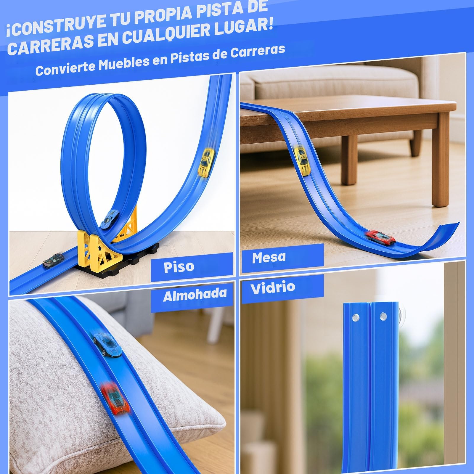 Dreamon Pista de Coches para Niños 6 Metros Pista Coches Flexible Incluye 4 Coches de Juguete 2 Rampas 1 Bolsa de Almacenamiento 4 Ventosas Regalo para Niño y Niñas 3 4 5 6 Años