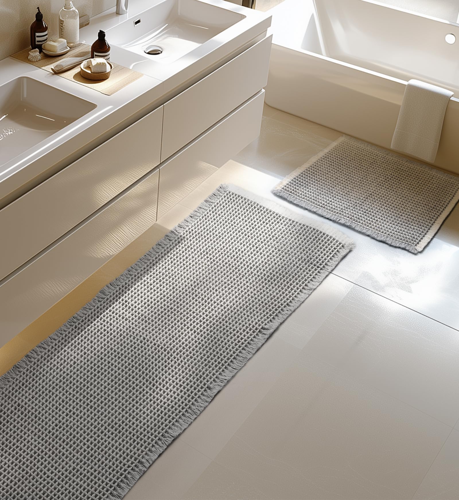 Juego de alfombra de baño grande, alfombrilla de baño bohemia, gris, juego de 2 piezas, lavable, alfombrilla de baño antideslizante, para salón, dormitorio, baño, decoración, 51 x 120 cm + 41 x 61 cm