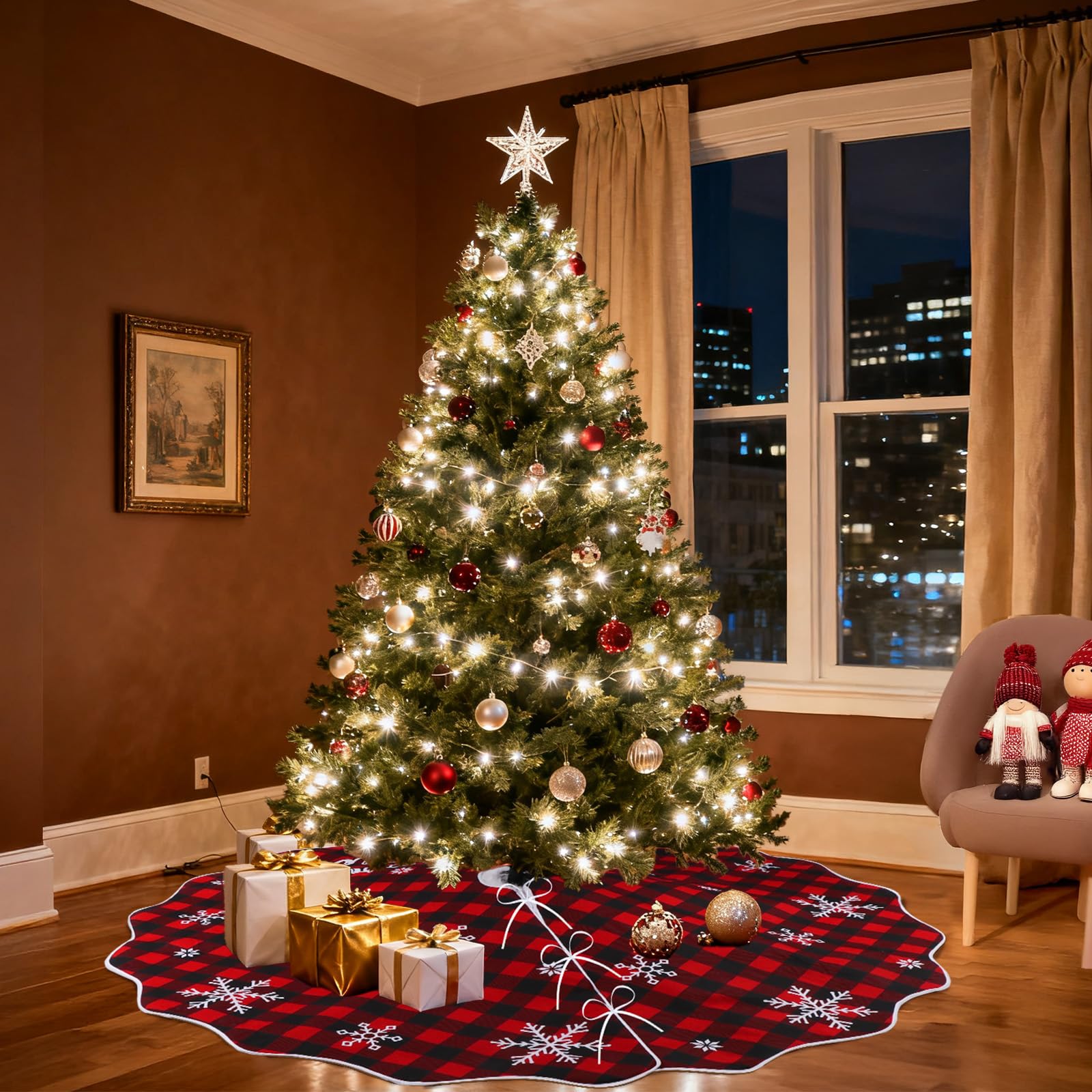 Jupe de sapin de Noël de 183 cm, jupe de sapin en toile de jute pour arbre de 2,1 m à 3,4 m, jupe de sapin double face à carreaux de buffle pour arbre moyen
