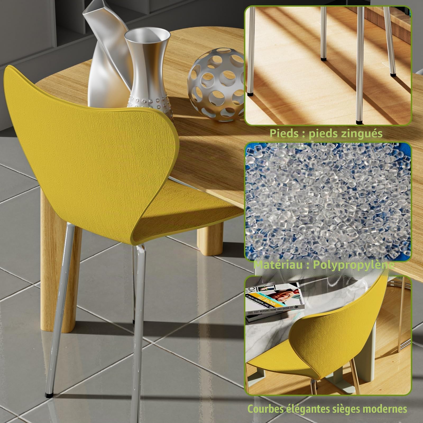 PIPIPOXER Lot de 4 chaises scandinaves, Salle à Manger ou Bureau avec Pieds en Métal, pour Cuisine, Salon, Salle de Réunion, Jardin, Jaune