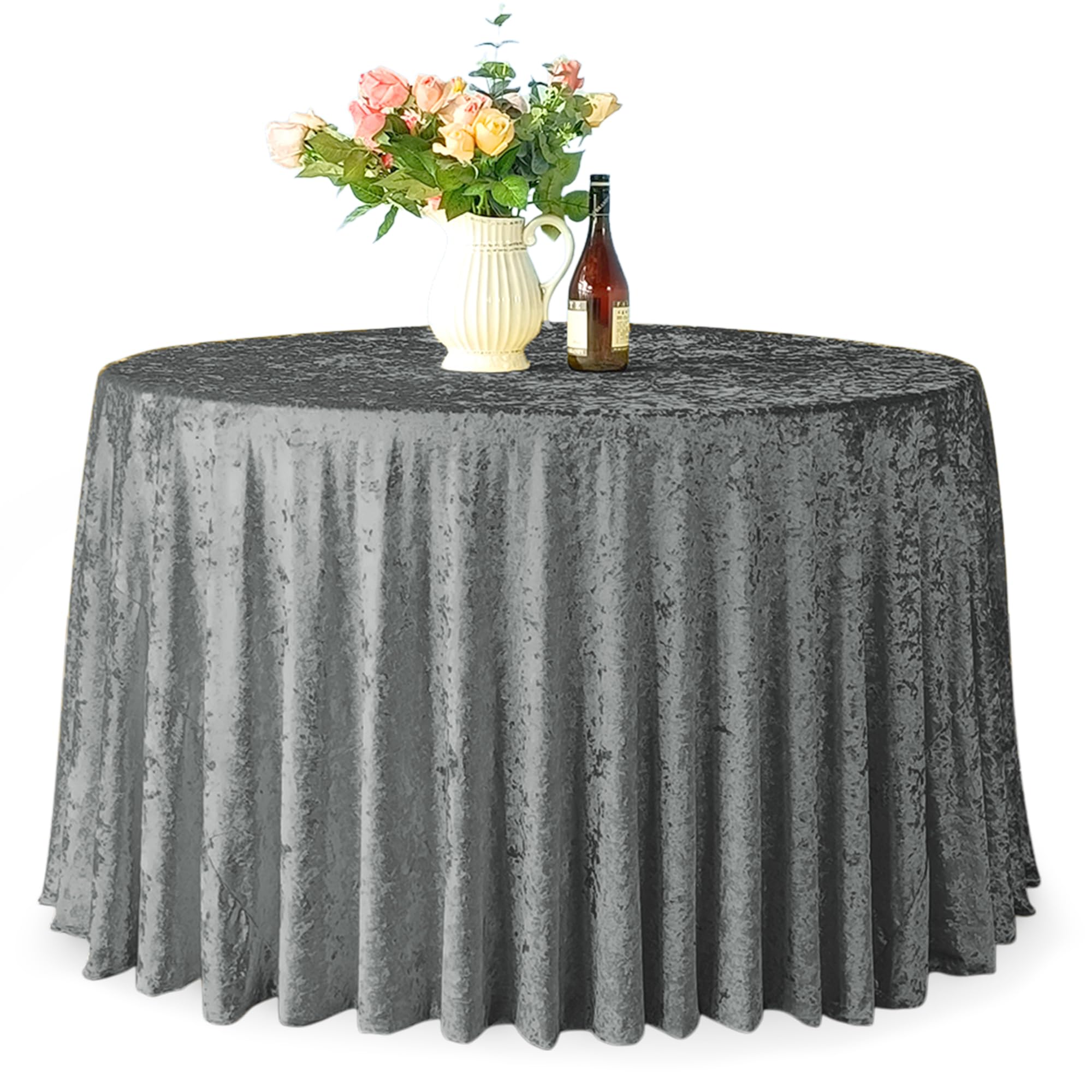 WedDecor Crushed Velvet Tablecloth, 120" - Round, Silver Dining Glitz Premium Soft Fabric Tablecover For Kitchen, Wedding, Banquet & Special Events Party Table Decoration, Pack of 5