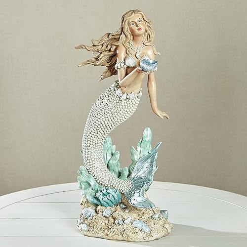 Miniatura 2 de Touch of Class Oceana - Escultura costera de sirena Figura de resina pintada a mano Acentos nacarados, concha azul y cola en tono perlado Estatua
