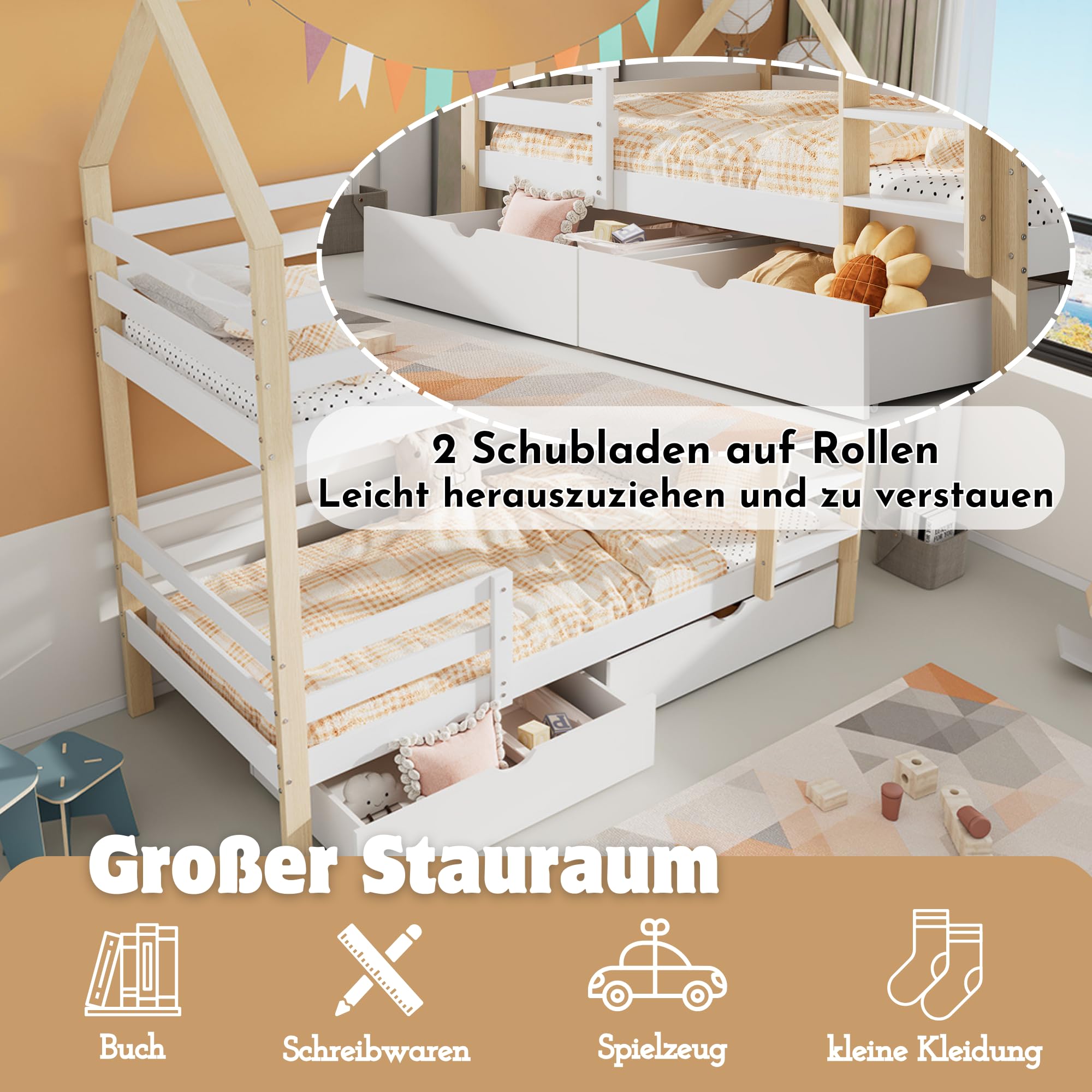 Merax Hochbett 90x200cm, Etagenbett mit Leiter & große Schubladen Stockbett für 2 Kinder mit Rausfallschutz und 2 Lattenrost, Kiefernholz Kinderbett Jugendbett, Doppelbett Hausbett, Holzfarbe & Weiß