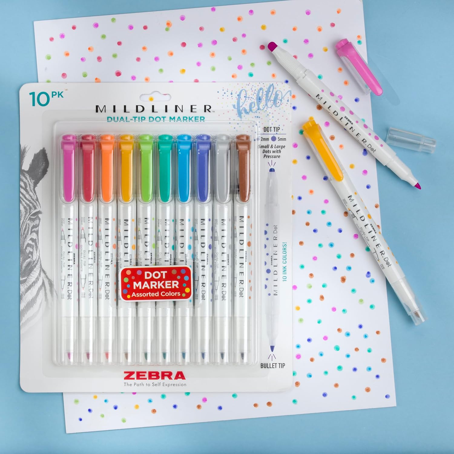 Zebra Pen Mildliner Dual-Tip Dot Stamp Marker, Water-Based Pigment Ink, Create Small and Large Bullets & Dots, Ten Assorted Colors, Ideal for Journaling and Bulleted Lists, 10-Pack (73310)