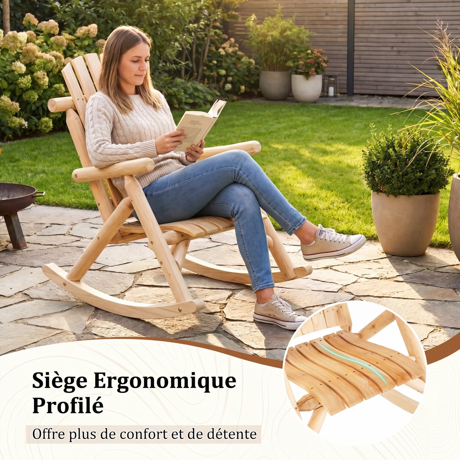COSTWAY Fauteuil à Bascule Adirondack Exterieur Interieur, Rocking Chair en Bois Massif, Siège Incurvé, Haut Dossier Éventail, Chaise pour Jardin Terrasse Balcon, Charge 150 kg, 99 x 68 x 99 cm