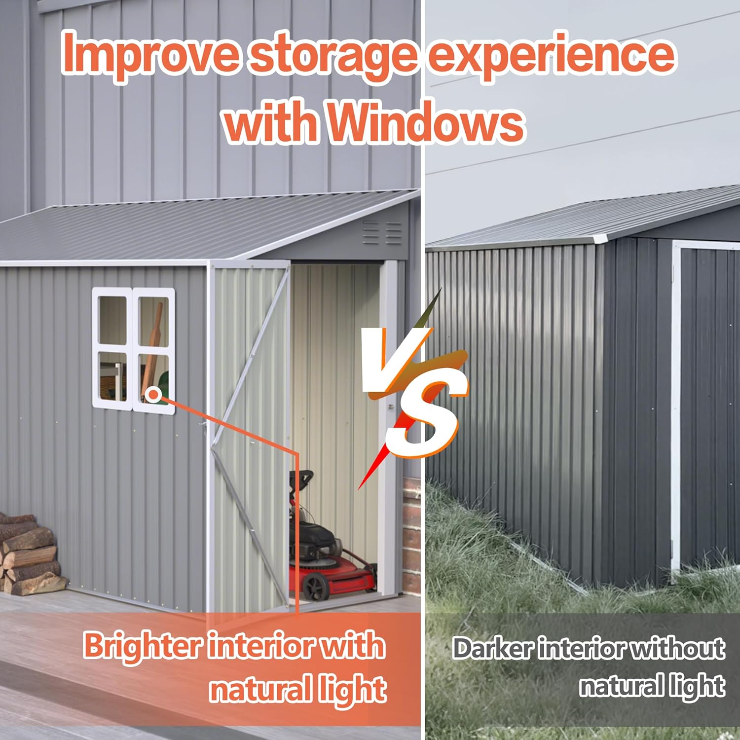 Comparison of a shed with windows and a shed without windows, showing the brighter interior with natural light.