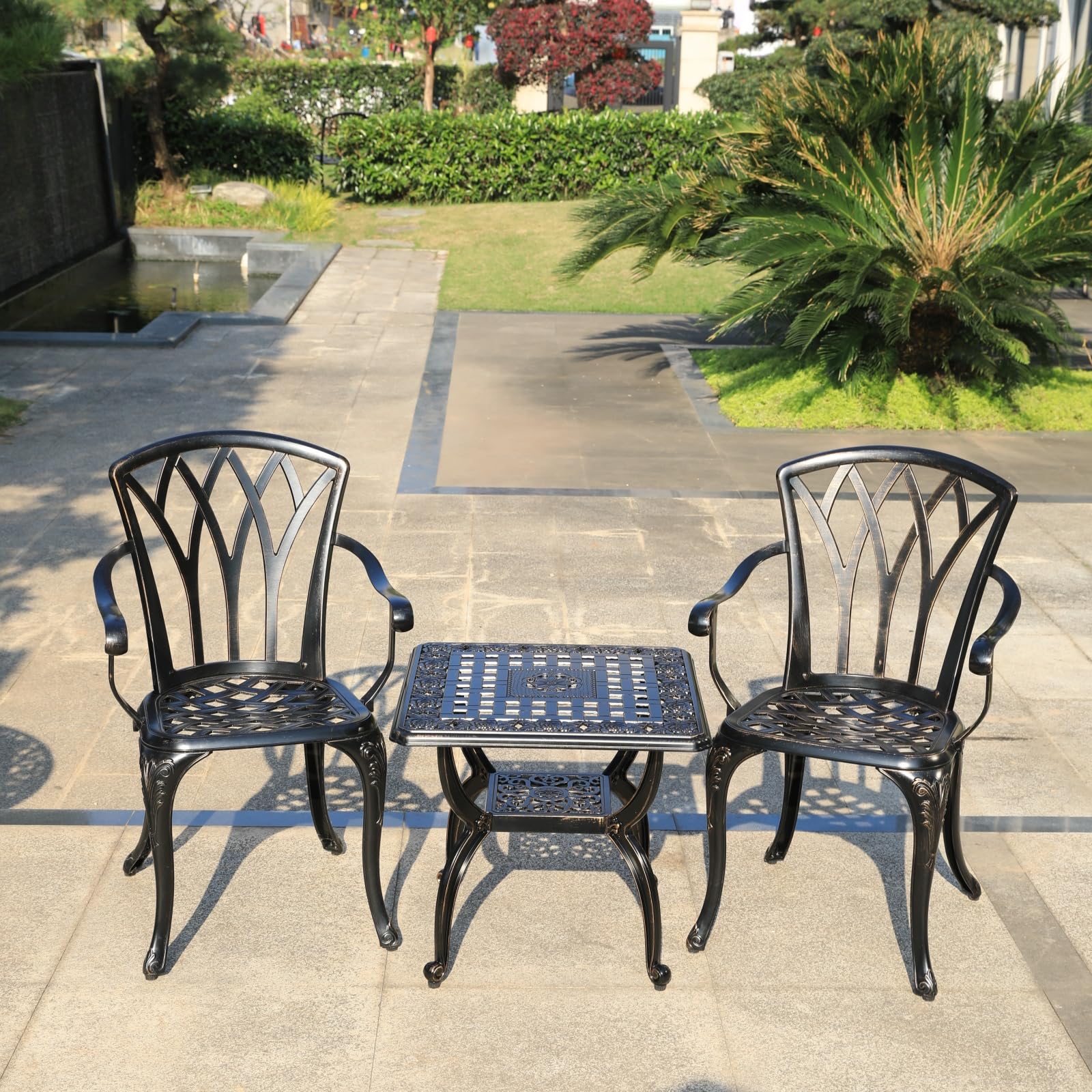 Lot de 2 chaises de jardin en fonte d'aluminium - Design roses - Style antique - Fauteuil en bronze antique