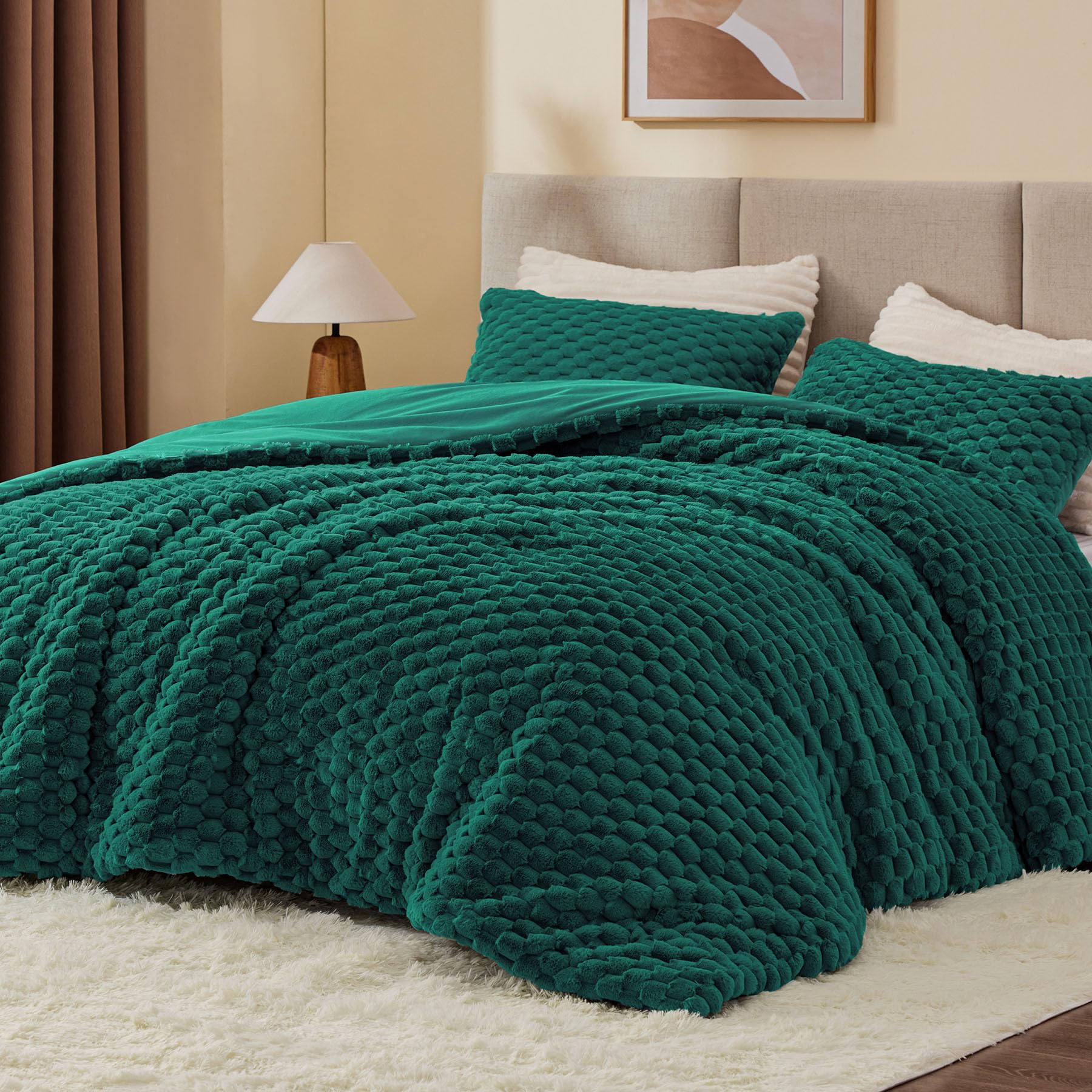 BEDELITE Fluffy Full Size Comforter Set, Dark Green Fleece Bed Set 3 Pieces | Soft &amp; Warm, Luxury Fuzzy Bedding for All Season, Cozy Room Decor Aesthetic, 1 Marshmallow Comforter with 2 Pillowcases