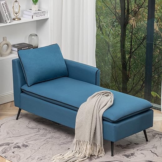 Awonde Chaise Lounge Indoor, 57" Upholstered Long Chaise Lounge Chair for Living Room Bedroom Office Chaise Lounge Sofa Recliner Sleeper Chair Blue (Left Armrest)