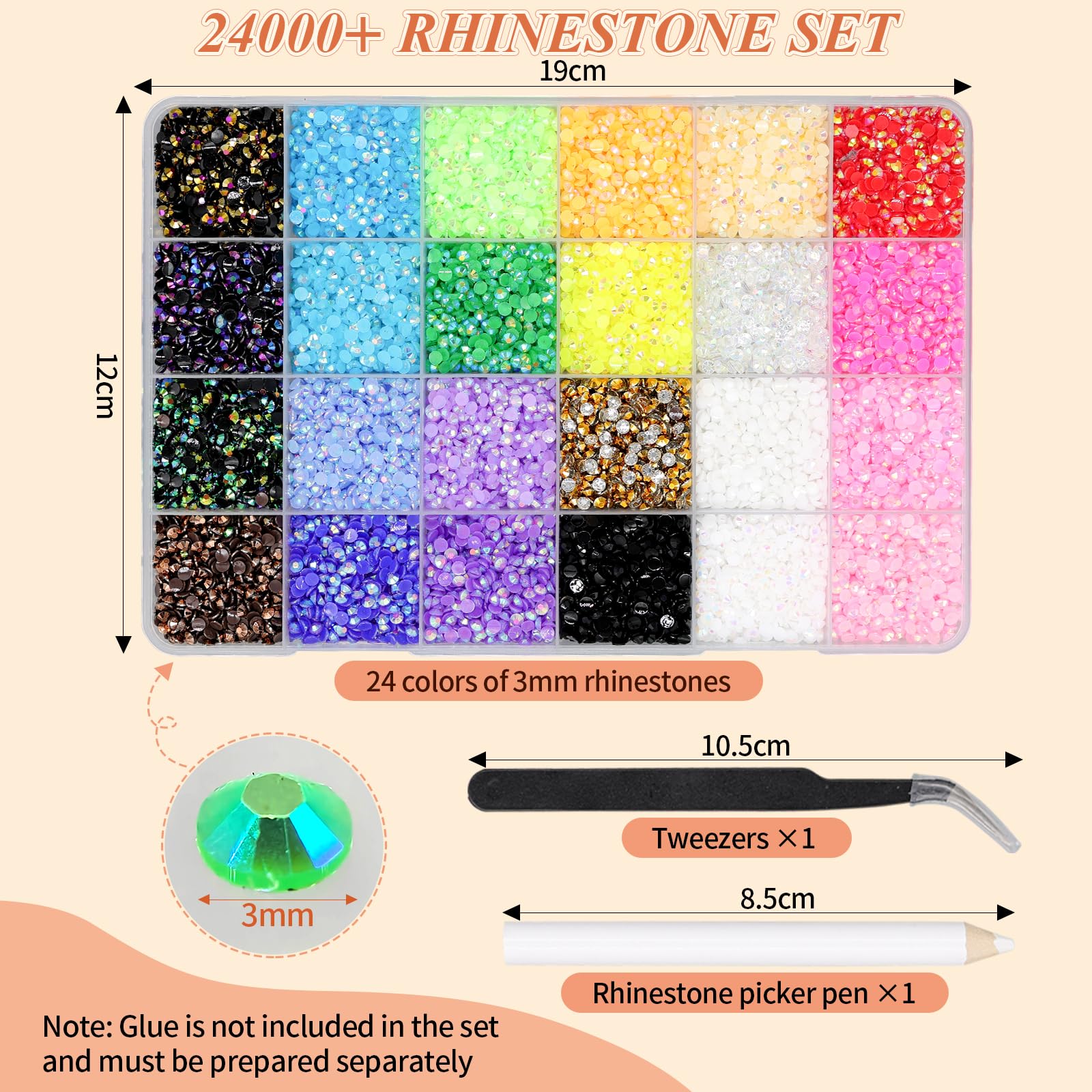 24000+ Pièce Strass, 24 Couleurs 3mm Bedazzling Kit pour les Loisirs Créatifs, DIY sur Textiles, Tasses, Cadres Photo, Coques de Téléphone et Livres, Strass a Coller pour Nail Art et Maquillage