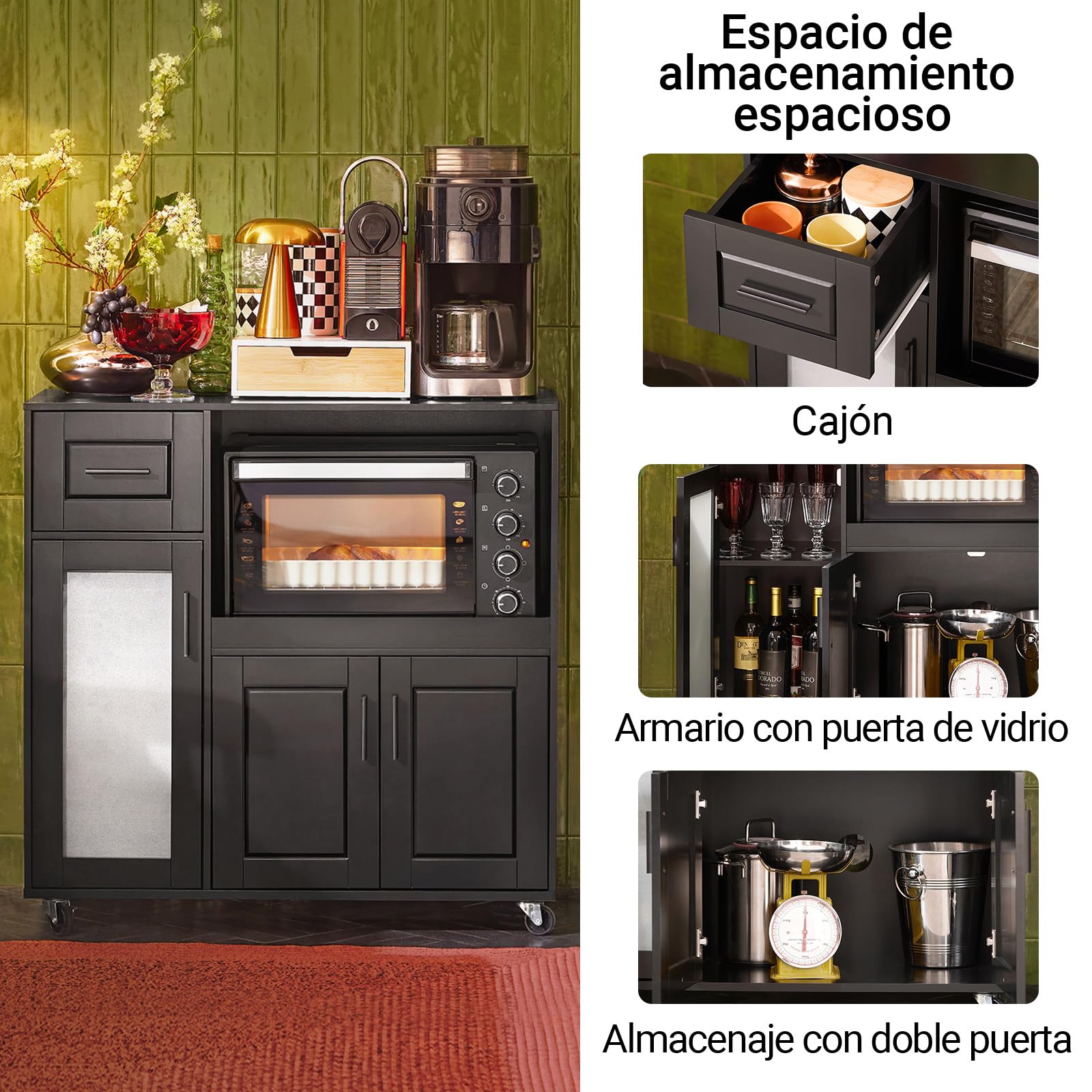 SoBuy Isla de Cocina con Ruedas, Mueble Auxiliar de Cocina, Desserte con Ruedas, Soporte para Microondas, Carrito Móvil para Sala de Comedor y Oficina en Casa 88,5 x 40 x 89 cm Negro FSB78-SCH
