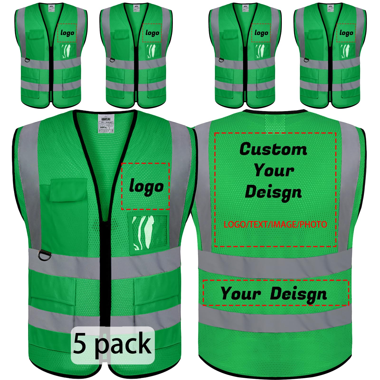 evershare Custom Safety Vest Logo High Visibility Reflective Vests Customized Class 2 Hi Viz Vest with Zipper & Pockets