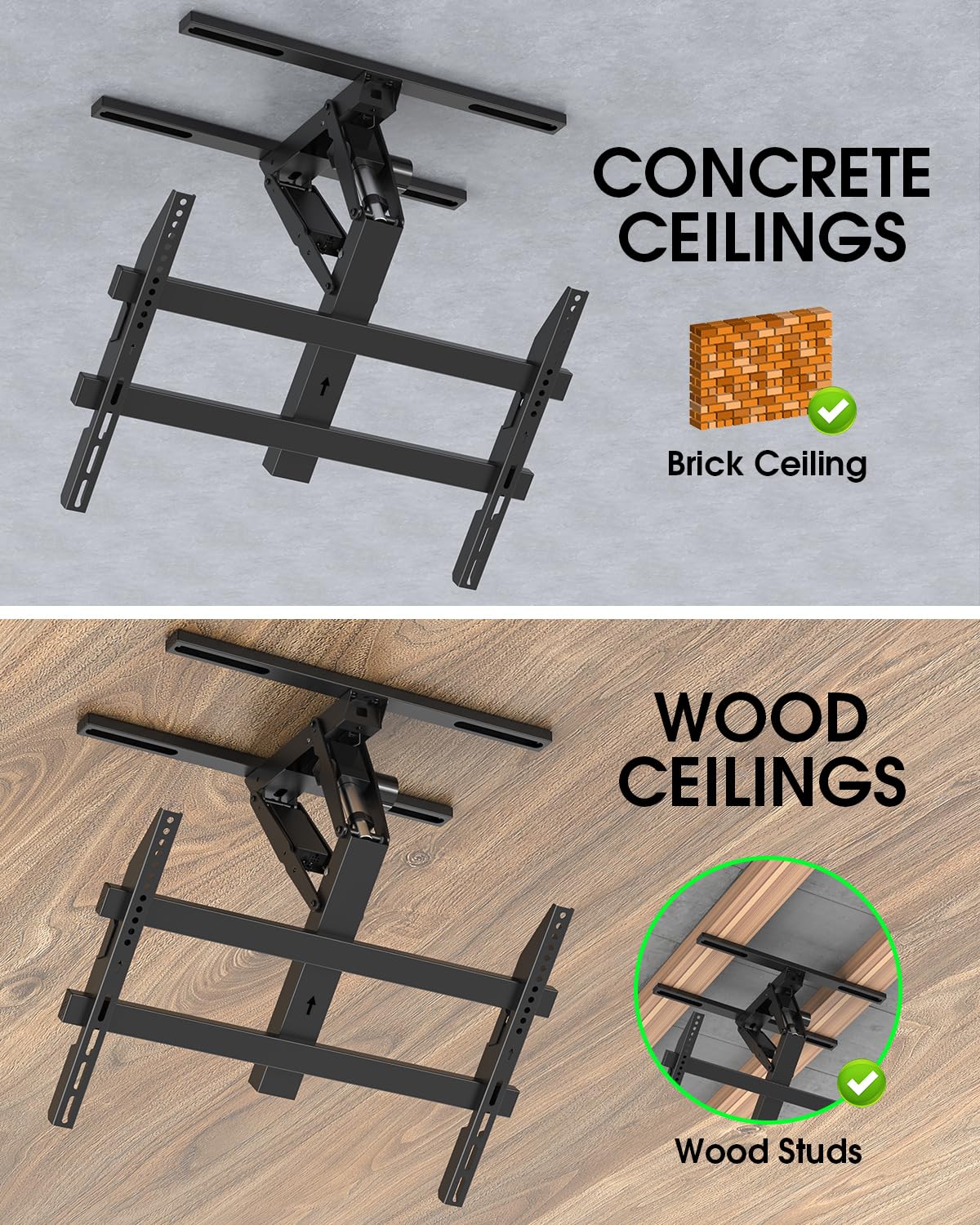 Soporte de techo eléctrico con mando a distancia para televisores planos y curvos de 32 a 70 pulgadas, para techos planos e inclinados, VESA máx. 600 x 400 mm, color negro