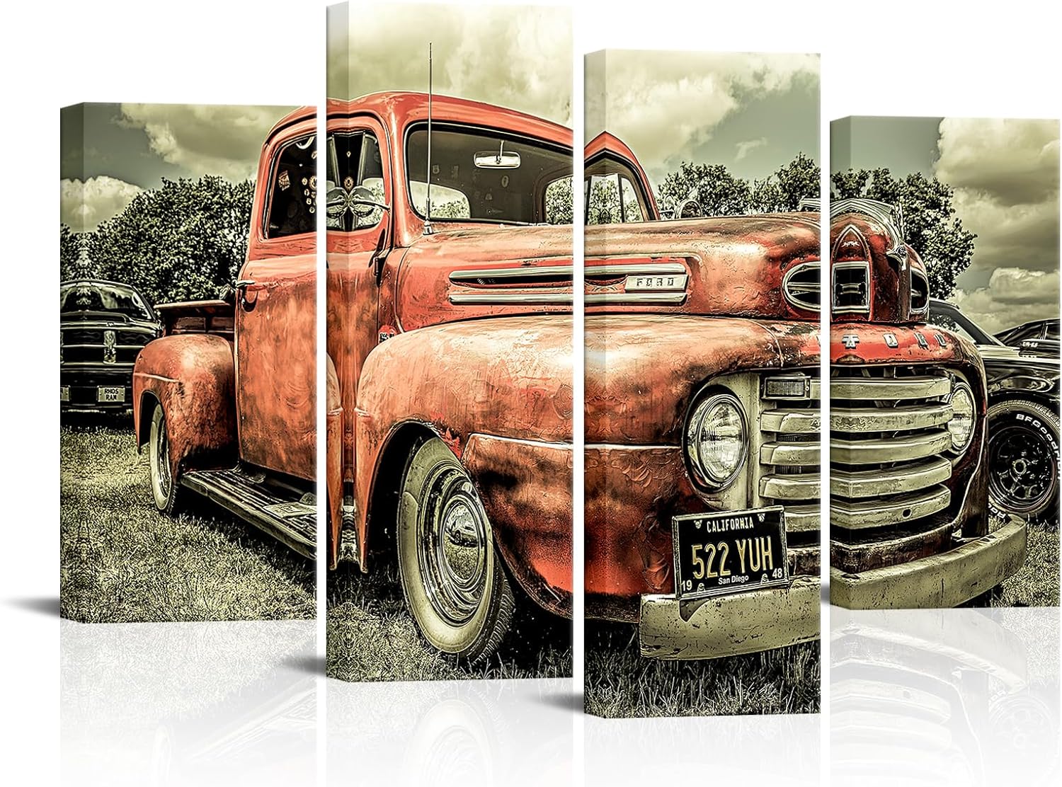 VANSEEING 4 Panel Vintage Car Wall Art Classic Car in the Field Wall Decor Red Metal Truck Canvas Picture Posters for Boys Room Decor Stretched and Framed Ready to Hang H-32 x W-48