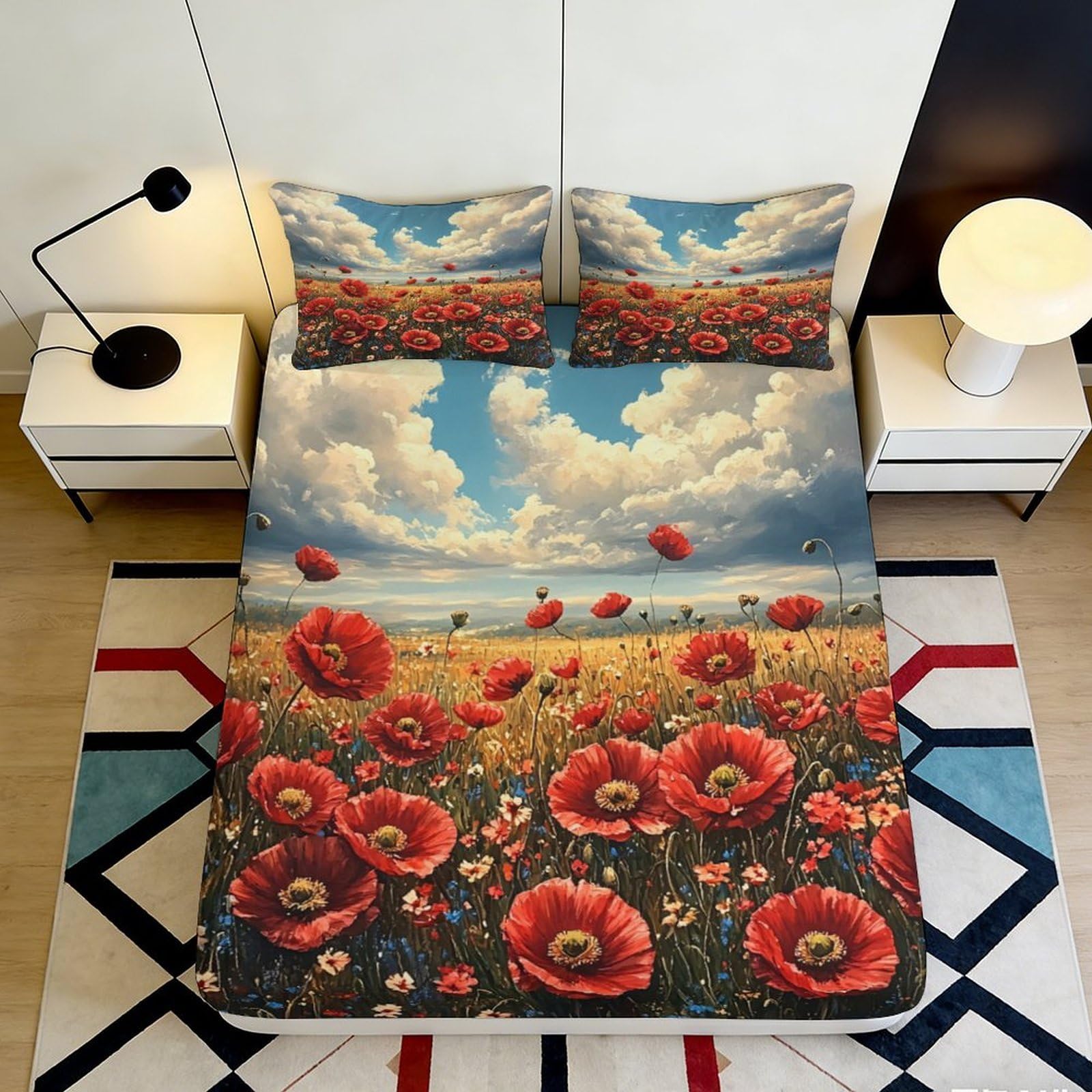 3D Printed Red Poppy Meadow Fitted Sheet Microfiber Soft Wheat Field Bed Cover for Bedroom Guest Room Decor Protection 90x200x25cm