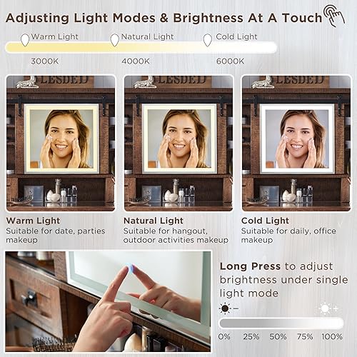 Miniatura 4 de T4TREAM Escritorio de maquillaje de granja con espejo deslizante y luces, mesa de tocador de vidrio de 42 pulgadas con 2 cajones y estantes, juego